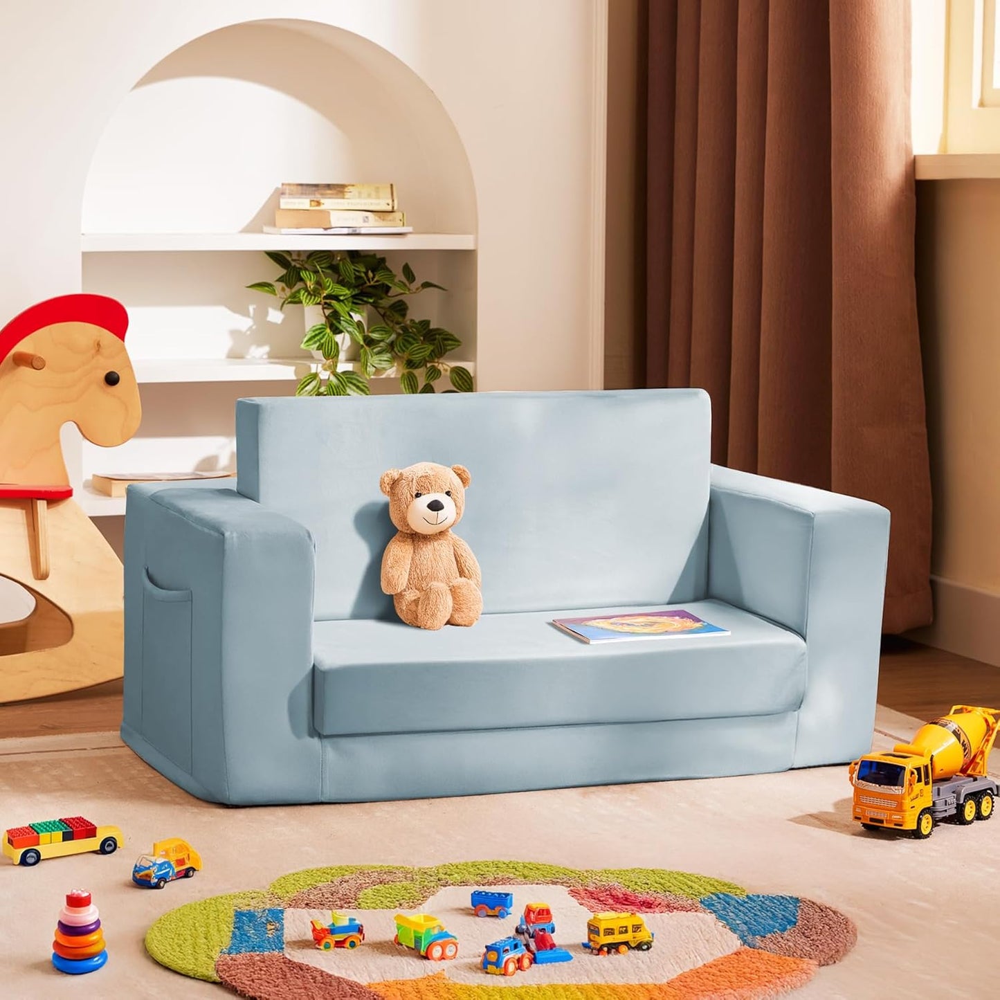 Kids Couch, 2-in-1 Toddler Chair Comfy 1-3 Years, Convertible Kids Chair, Toddler Couch That Fold Out, Kid Lounge Chairs for Boys and Girls, Soft Coral Fleece, Double, Blue