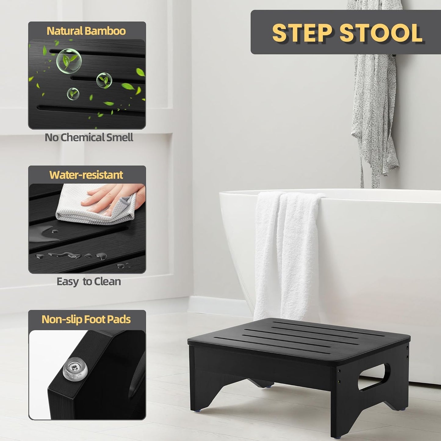 Wooden Step Stool for Adults & Kids, Non-Slip Rubber Feet, 6.5 Inch High, Lightweight Small Step, 400 Lbs Capacity, Bed Step Stool for High Bed, Bathroom & Kitchen, Black