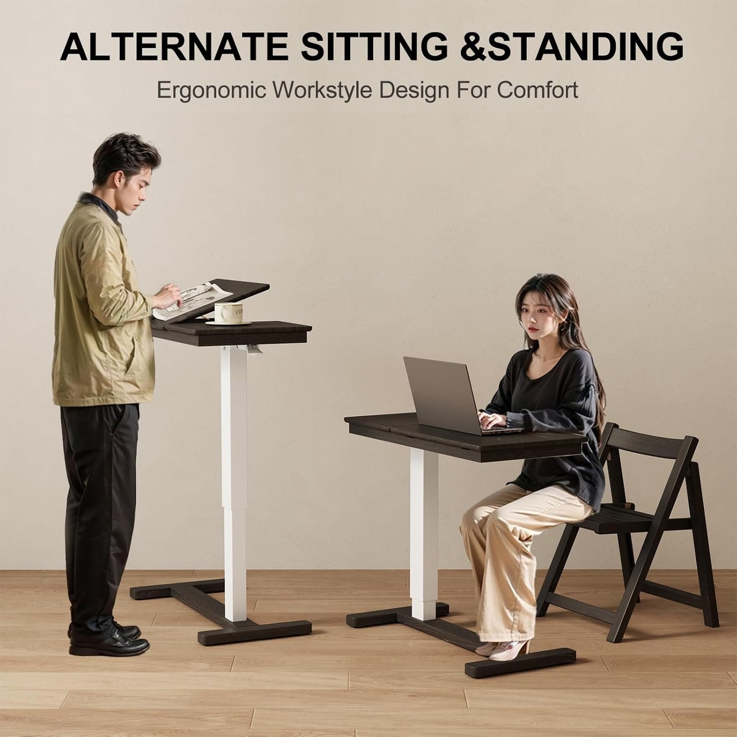 Solid Wood Overbed Bedside Table with Wheels,Tilt Top Hospital Bed Table Adjustable Over The Bed,Rolling Bed Desk for Hospital and Home Use (Black)