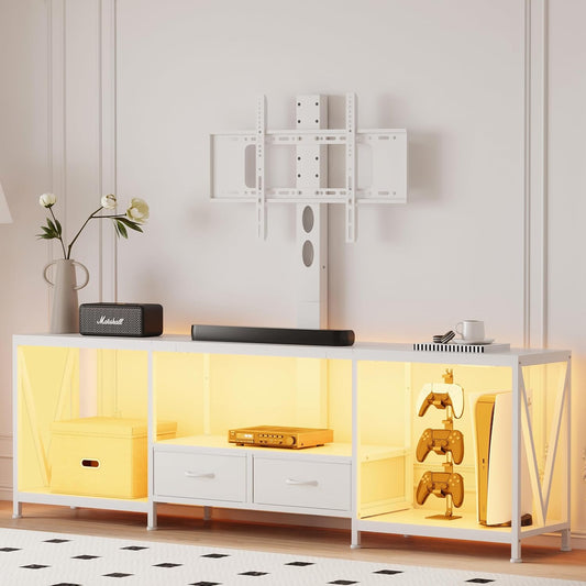 63" W TV Stand with Mount for 55,65,75" TV,Entertainment Center with Power Outlet and Led Lights,Height Adjustable TV Console Table with Open Storage Shelves and Fabric Drawers (White, 63" W)