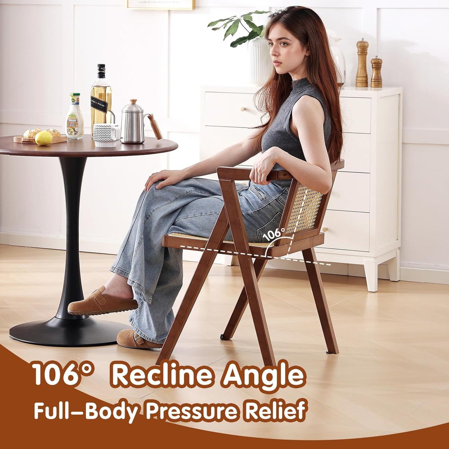 Rattan Dining Chair, Mid-Century Accent Armchair, Wicker Chair, Outdoor Bamboo Chair for Dining Room, Living Room, Bedroom, Kitchen, Walnut