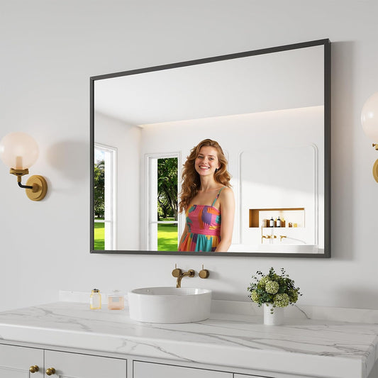 Koonmi Bathroom Mirror 30x40 Black Bathroom Wall-Mounted Mirrors, Modern Vanity Mirror for Bedroom, Living Room, Aluminum Alloy Frame Allow to Hang Horizontally or Vertically