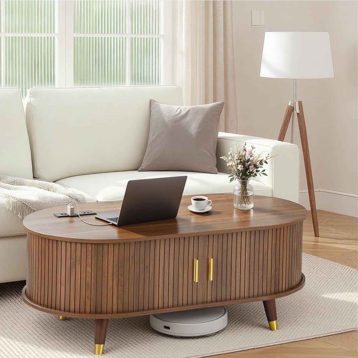 Mid-Century Fluted Oval Coffee Table with 360° Tambour Doors, Hidden Storage, Solid Wood Legs & 2 AC+2 USB Charging Station, Modern Coffee Table for Living Room, Apartment, Walnut