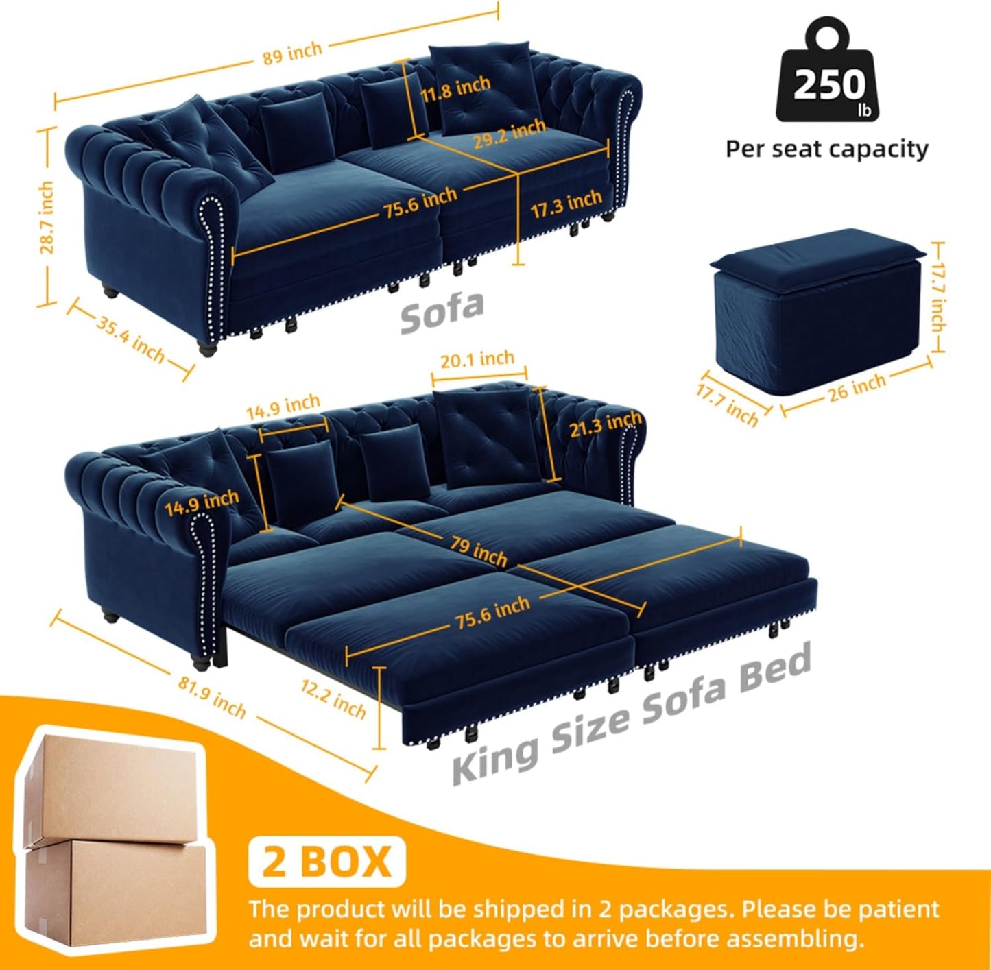 KEIKI King Size Convertible Chesterfield Sofa Bed, 89" Velvet Couch with Ottoman, Tufted Design, 3-in-1 Sleeper Sofa for Living Room, Bedroom, or Office, Blue