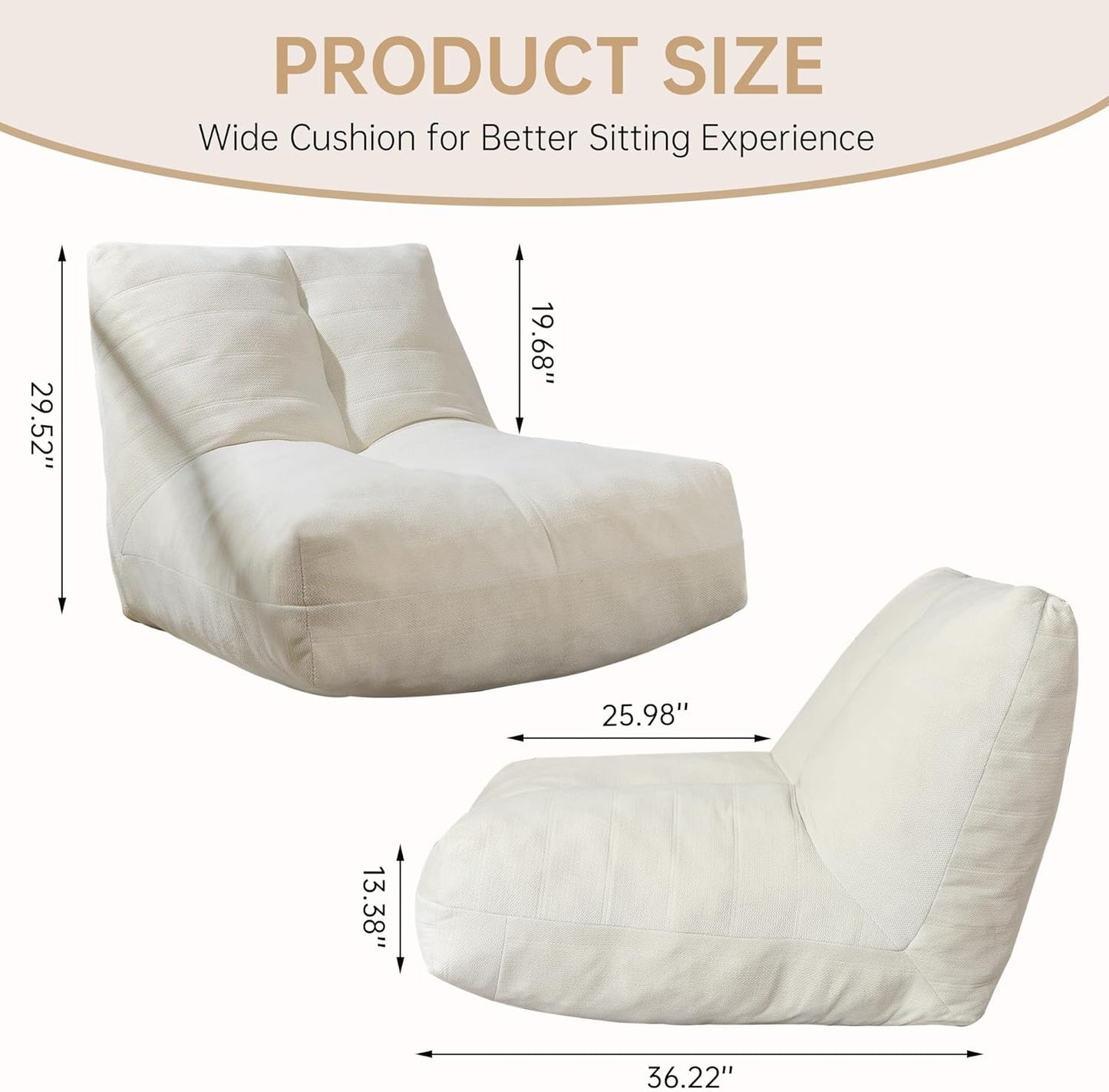 Bean Bag Chairs for Adults, Memory Foam Bean Bag Chair, Spacious Single Sofa, Ergonomic Support Reading Floor Sofa Chair with Filler, Comfy Cozy Beanbag Couch for Bedroom Living Room (Beige)