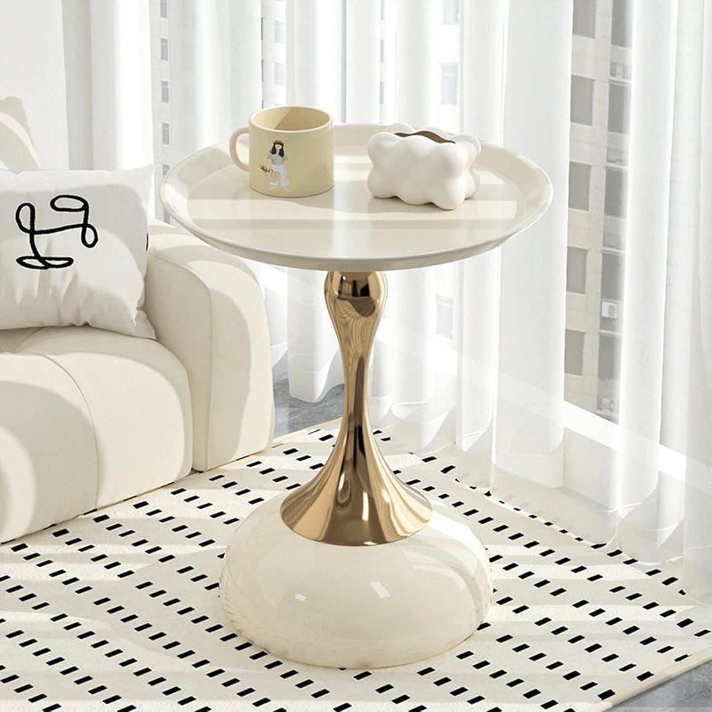 Modern Round Side Table with Gold Pedestal Base, Black Metal Top, Accent End Table for Living Room (White)