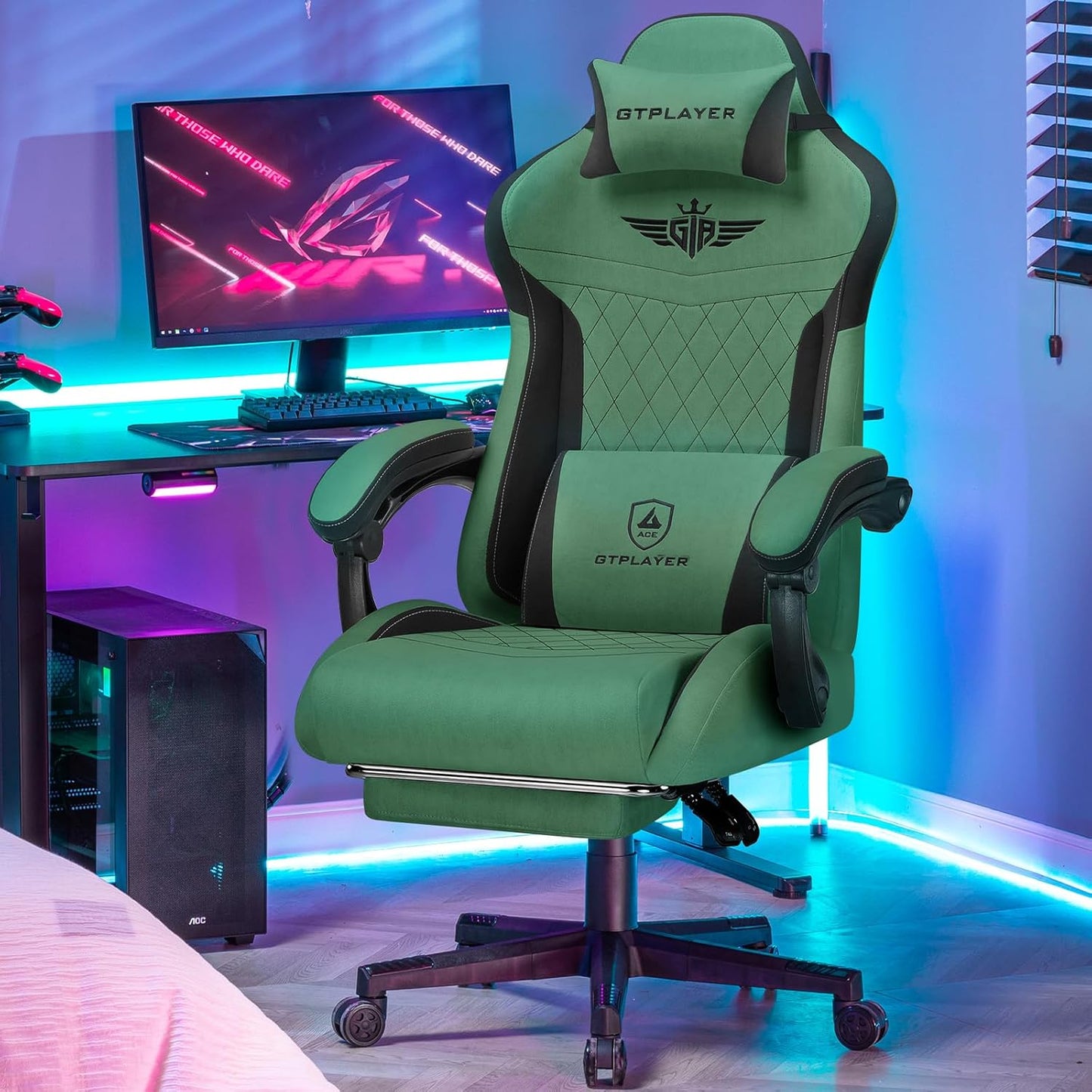 GTPLAYER Gaming Chair, Video Game Chairs with Footrest and Lumbar Support, Computer Chair for Adults with Extended Backrest, Ergonomic Reclining Silla Gamer, Fabric, Green