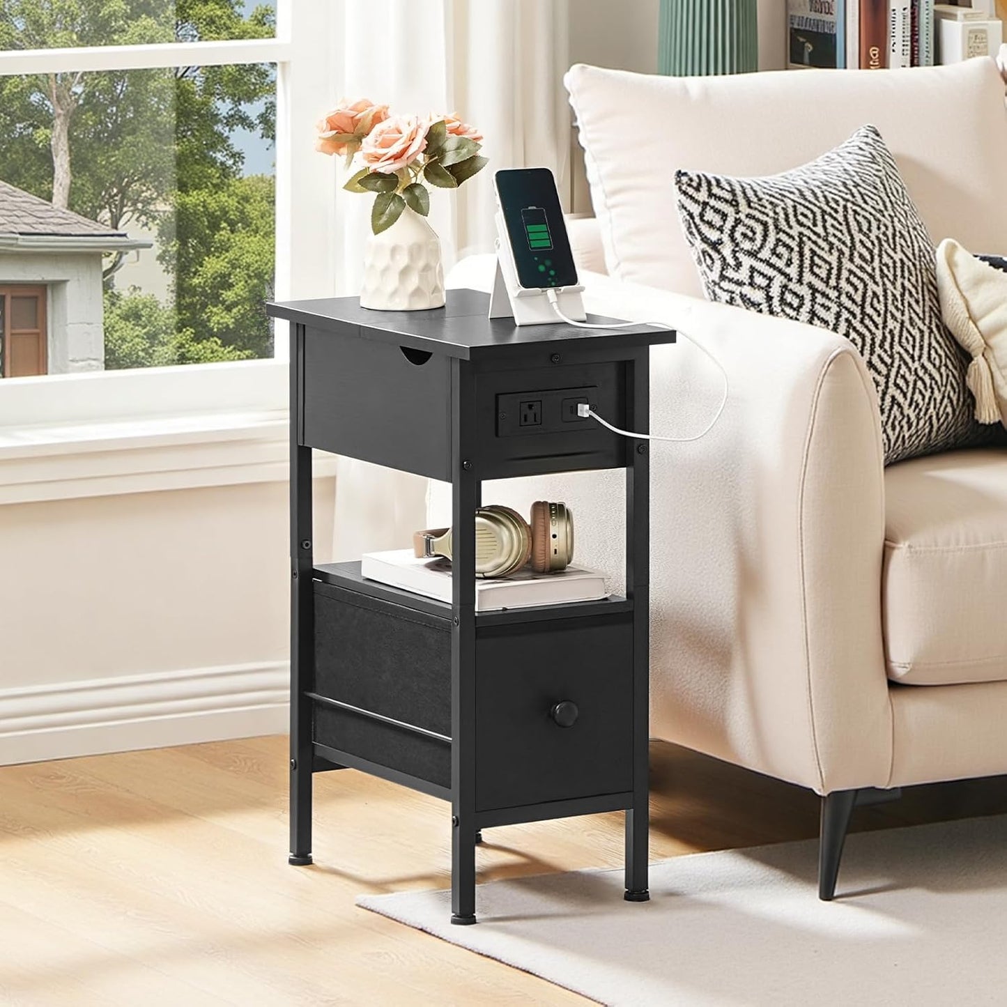 HOOBRO End Table with Charging Station, Flip Top Narrow Side Table with Storage Drawer, Slim Nightstand Bedside Tables with Shelves, for Small Space, Living Room, Bedroom, Black BK343UBZ01G1