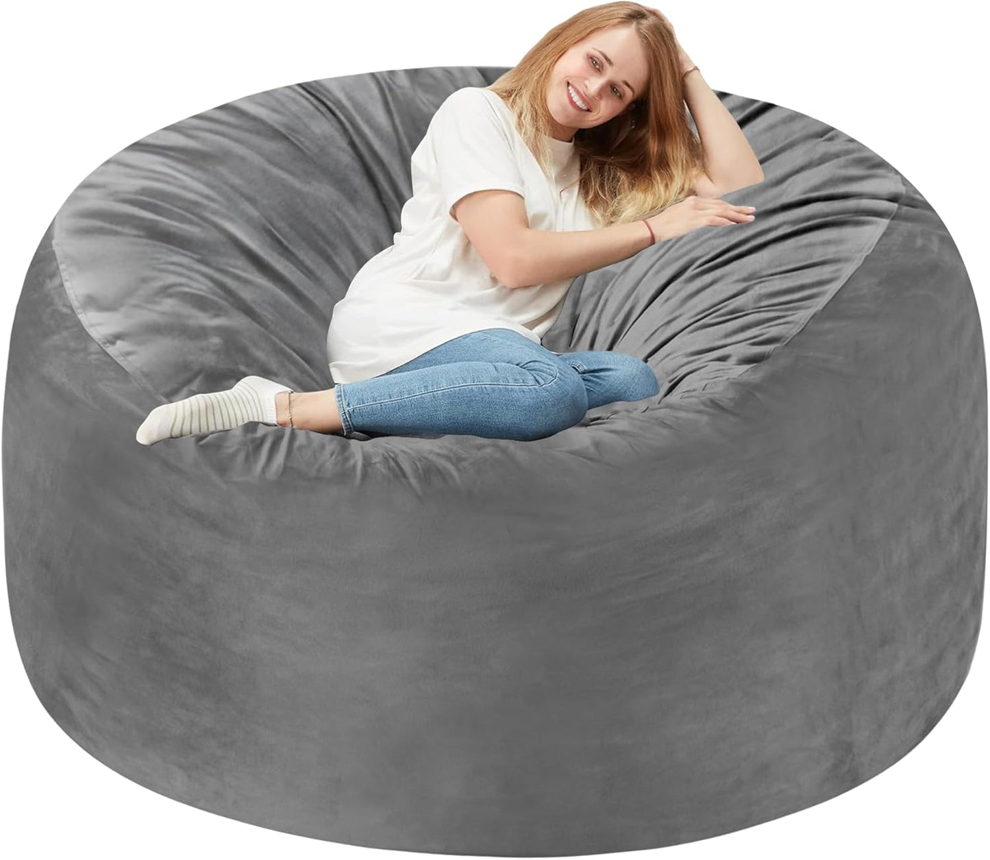 Homguava 5FT Bean Bag Chair Giant BeanBag with Memory Foam Filled, Comfy Bean Bag Chairs for Adults, Adult Bean Bag Chair with Dutch Velvet Cover for Living Room Bedroom-Grey