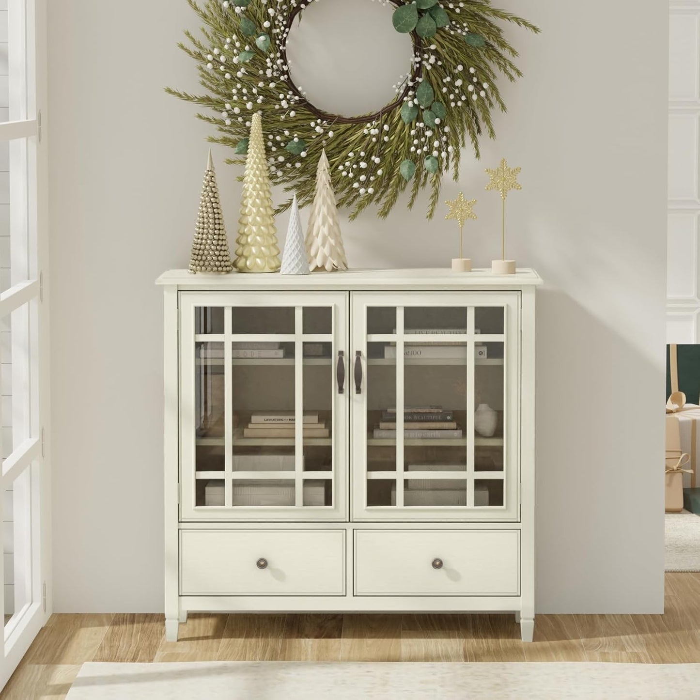 SIMPLIHOME Connaught SOLID WOOD 46 inch Wide Traditional Tall Storage Cabinet in Antique White for the Living Room, Entryway and Family Room