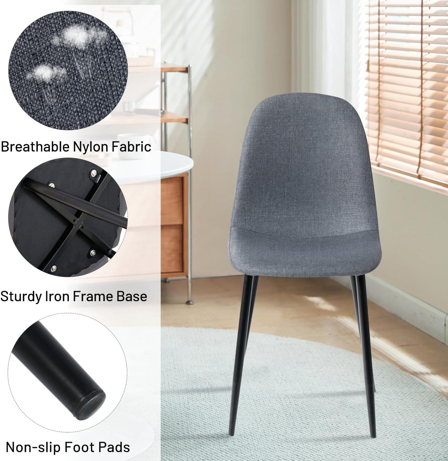 FurnitureR Dining Chairs Set of 4, Fabric Comfy Seat Armless Side Chairs with Metal Legs for Home Kitchen Dining Room Reception Room, Slubbed Grey