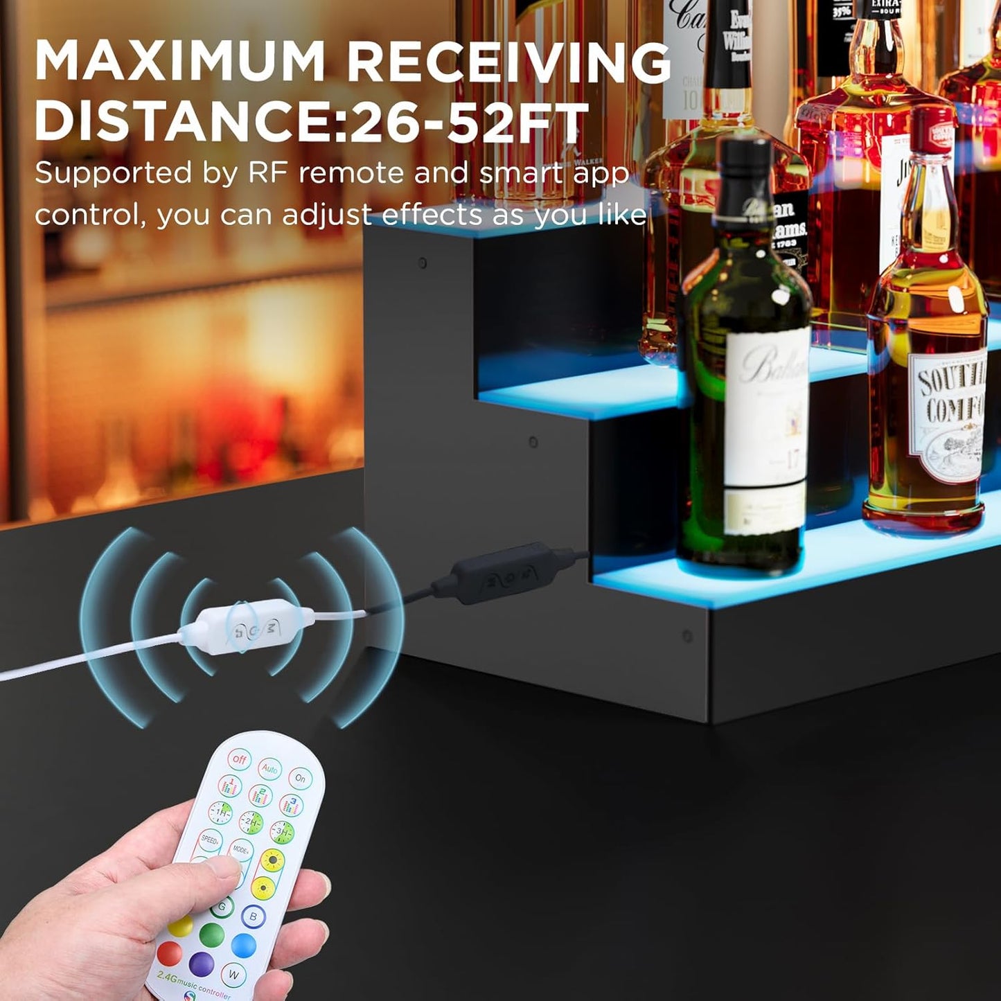 Dethan 2 Tier 20 Inch Liquor Bottle Display Shelf - L-Shape Corner Wine Racks with Multi-Color App & Remote Control, Adjustable Brightness & Sound Modes, Acrylic Bar Shelves for Displays