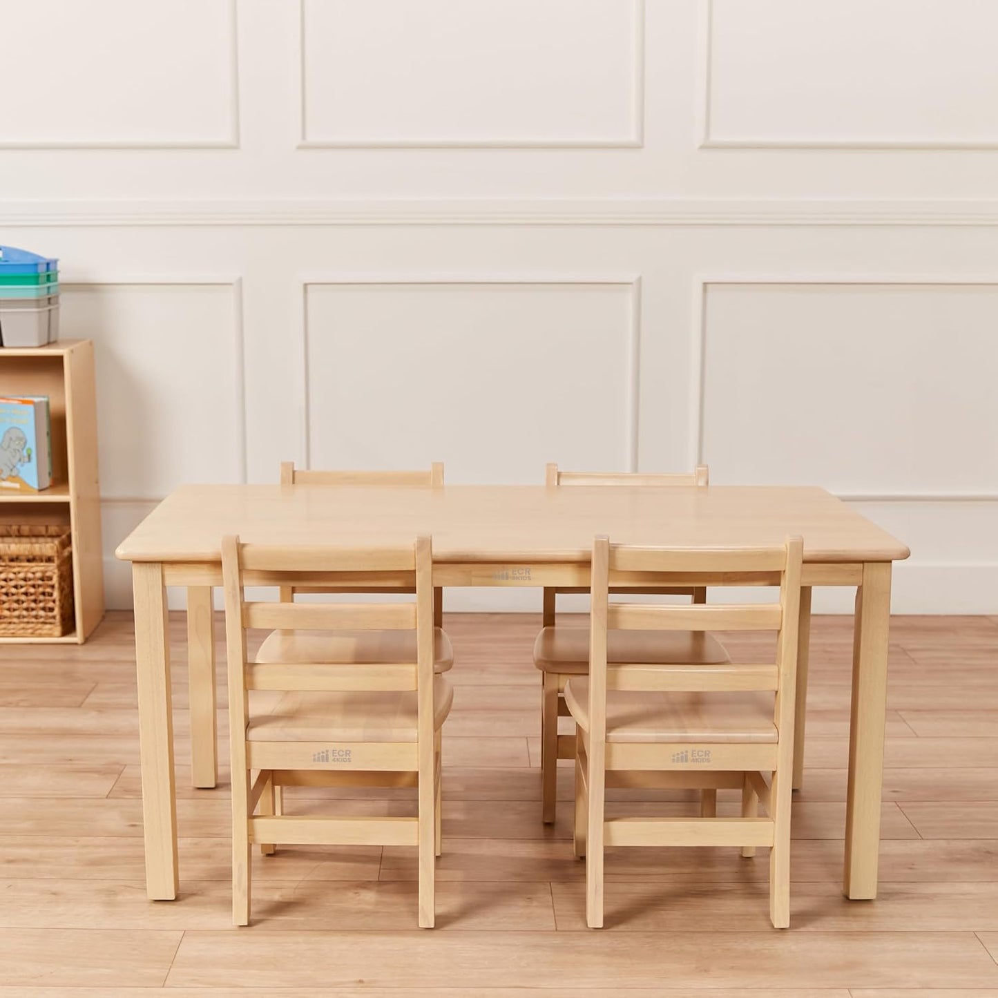 ECR4Kids 24in x 48in Rectangular Hardwood Table and Chair Set, 12in Seat Height, Kids Furniture, Antique White