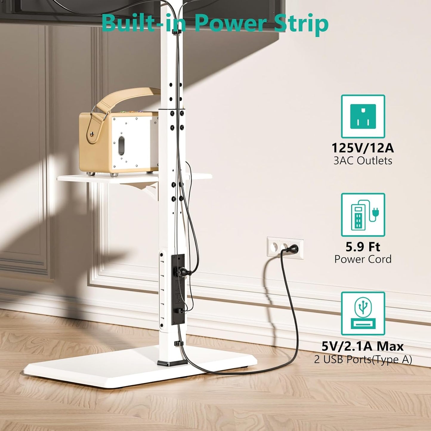 WALI Floor TV Stand with Power Outlet & AV Shelf, Tall TV Stand Mount for 32-75 inch TV up to 110 lbs, Swivel and Height Adjustable TV Stands with Wood Base for Bedroom, Office(TVDVD-6PW), White