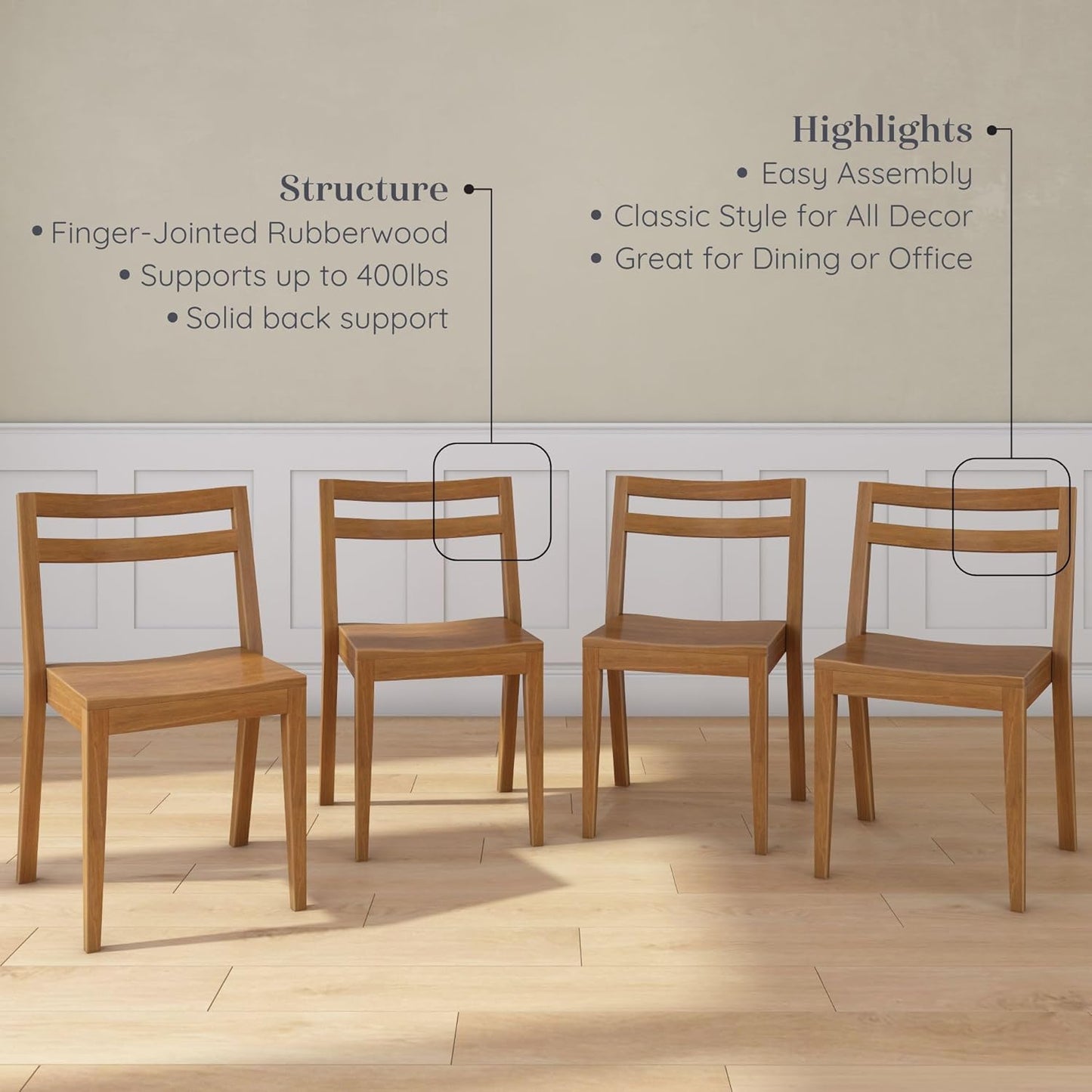 Grain & Grove Davie Dining Room Chairs Set of 4, Solid Wood Modern Kitchen Chair for Living Room, Kitchen, Pecan