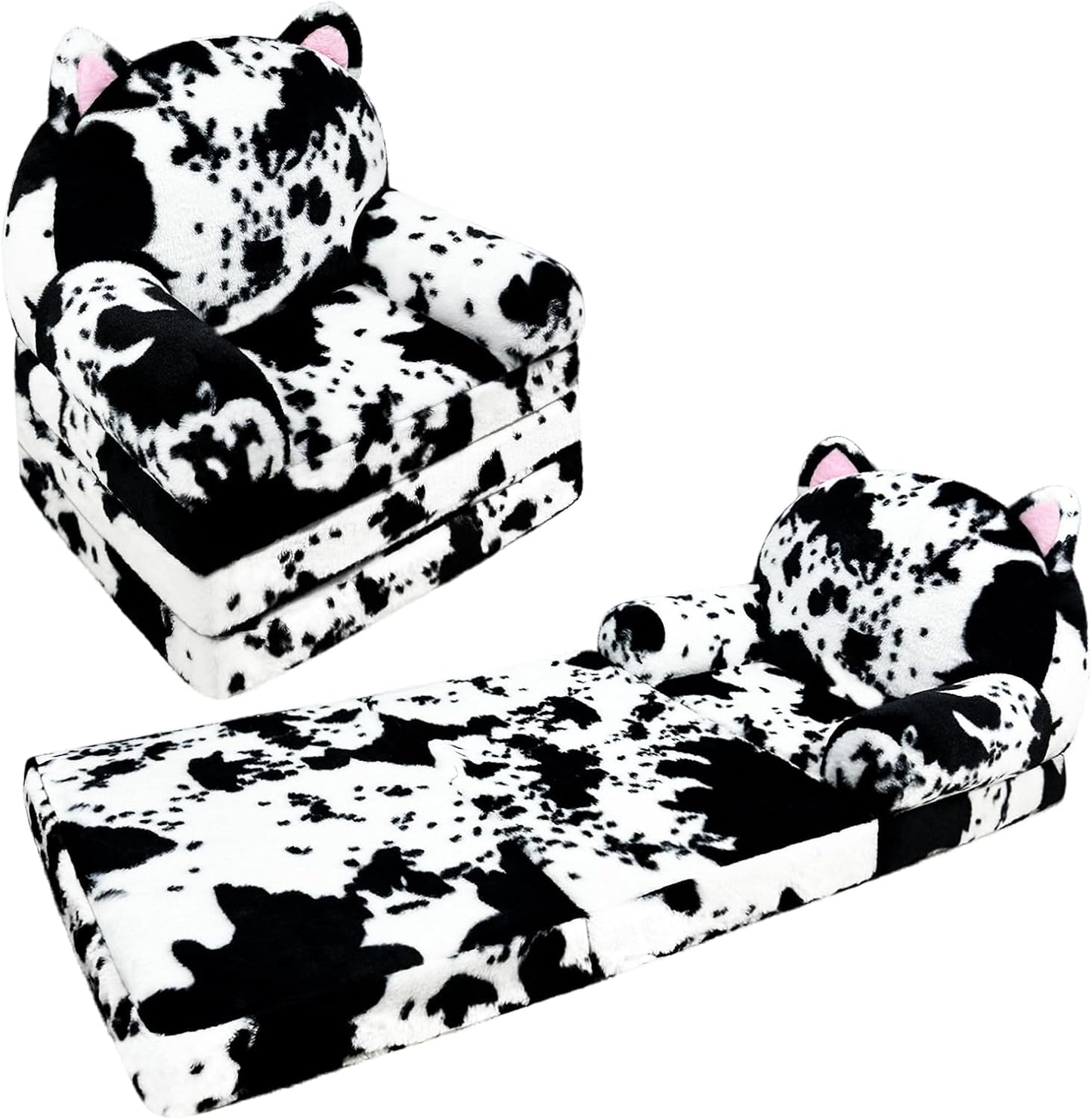 Toddler Chair with Faux Rabbit Fur – 2-in-1 Foldable Kids Couch, Soft Sofa for Reading, Napping, Bedroom or Playroom Use, 18 Months+ （Cow & Cat）