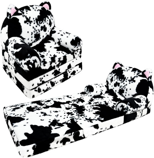 Toddler Chair with Faux Rabbit Fur – 2-in-1 Foldable Kids Couch, Soft Sofa for Reading, Napping, Bedroom or Playroom Use, 18 Months+ （Cow & Cat）