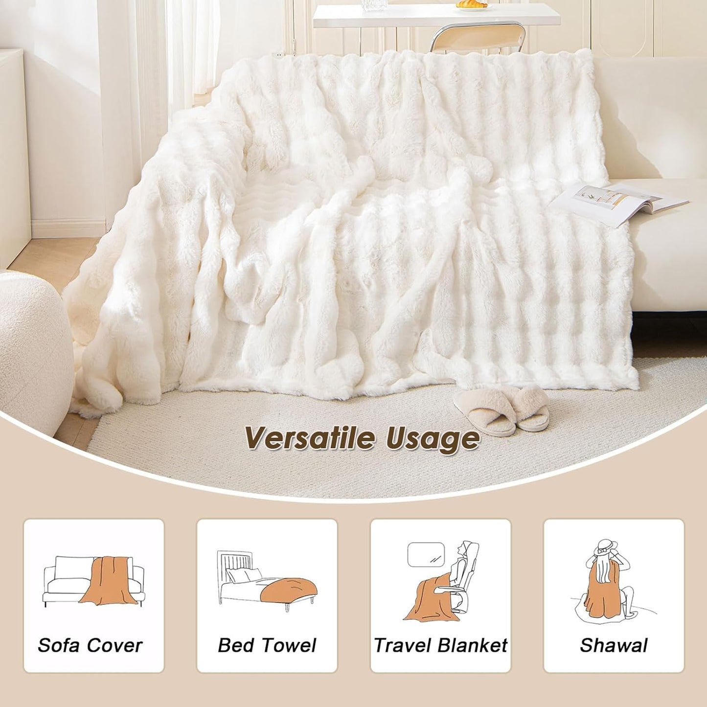 VM VOUGEMARKET Thick Faux Rabbit Fur Couch Cover 1-Piece Warm Soft Cozy Sofa Covers,Fluffy Plush Sofa Slipcover Furniture Protector for Bed Couch (White,71" x 118")