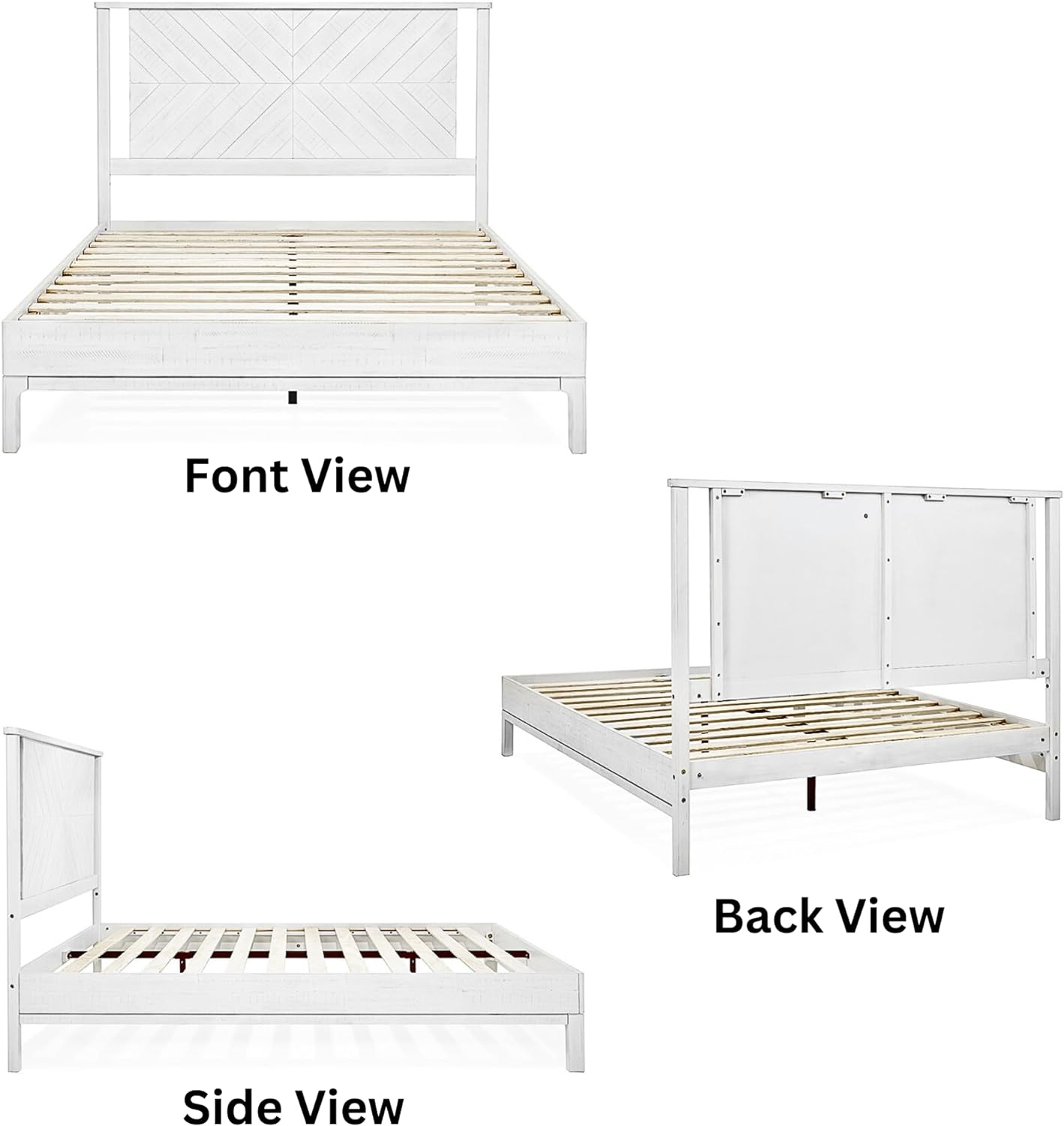 Bme Vivian 14 Inch Deluxe Bed Frame with Headboard, Rustic & Scandinavian Style with Solid Acacia Wood, No Box Spring Needed, 12 Strong Wood Slat Support, Easy Assembly, Queen, Rustic White