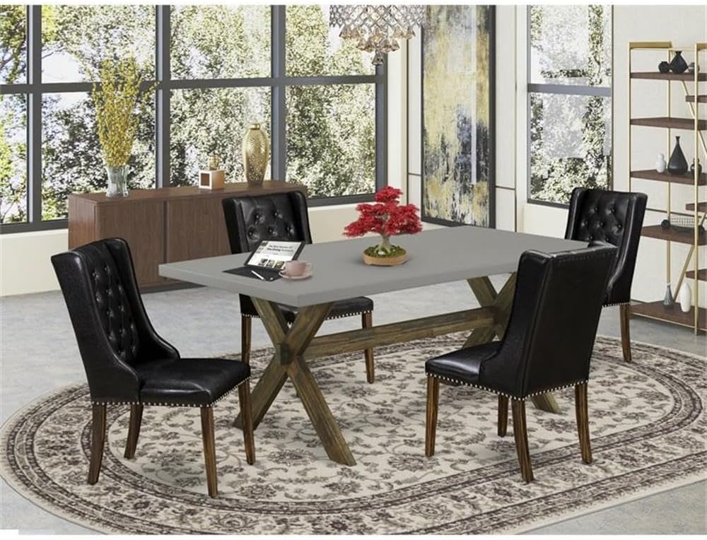 East West Furniture X797FO749-5 5 Piece Dining Room Table Set Includes a Rectangle Dining Table with X-Legs and 4 Black Faux Leather Upholstered Parson Chairs, 40x72 Inch, Multi-Color