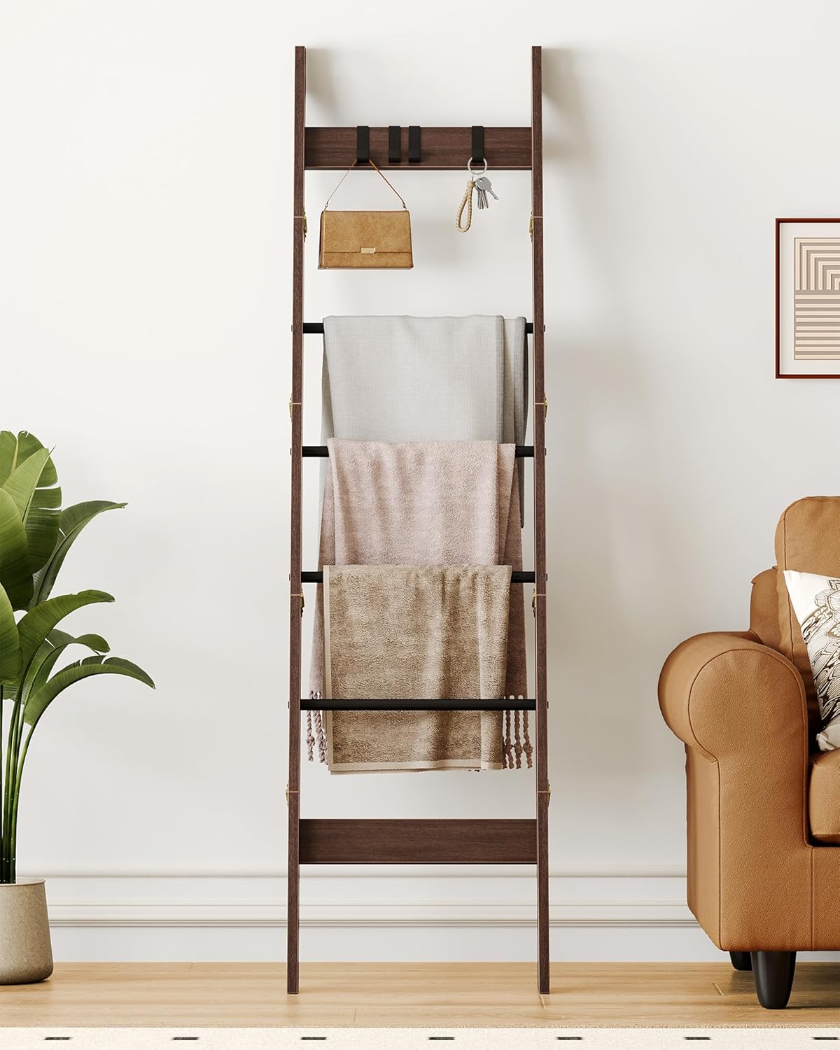 Blanket Ladder for Living Room, Decorative Quilt Rack with 4 Removable Hooks, 6-Tier Farmhouse Ladder Holder Shelf Organizer for Bedroom, Black Tea Brown and Black BR31520B