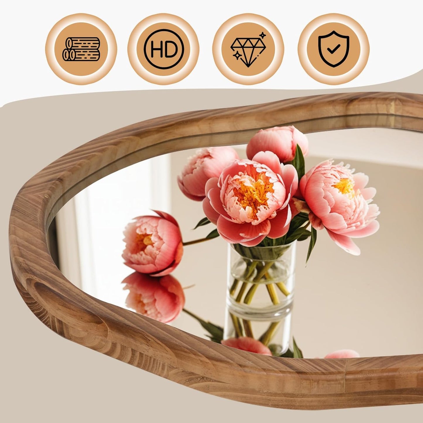 ULIKE Round Wood Mirror 24 Inch Circle Wall Mirror, Asymmetrical Bathroom Vanity Mirror with Wood Frame, Decorative Wall Mounted Mirror for Bedroom, Living Room, Entryway, Rustic Brown