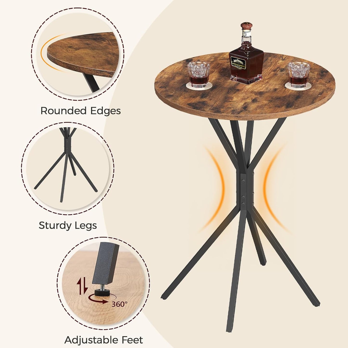 Bar Table, Round High Top Pub Table, 36.2'' Tall Cocktail Table, Metal Frame, Industrial Style, for Small Space, Bistro, Cafe, Banquet, Restaurant, Rustic Brown and Black BTHR12701