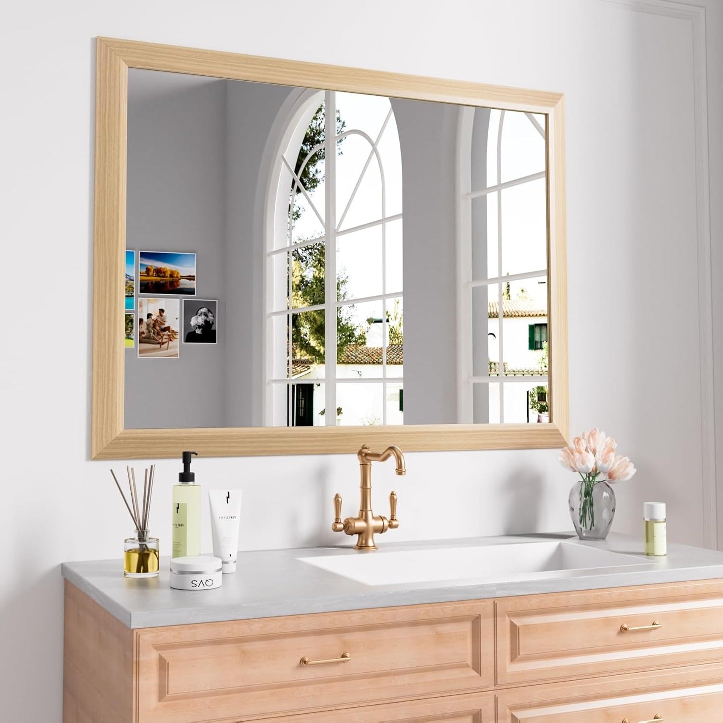 Amorho 40X30 Inch Bathroom Mirror for Wall, Oak Wood Grain Metal Framed Mirror, Anti-Rust, Hang Horizontally/Vertically, Suitable for Vanity, Bedroom, Farmhouse, Bathroom