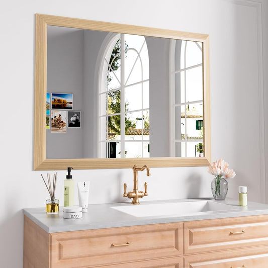 Amorho 40X32 Inch Bathroom Mirror for Wall, Oak Wood Grain Metal Framed Mirror, Anti-Rust, Hang Horizontally/Vertically, Suitable for Vanity, Bedroom, Farmhouse, Bathroom