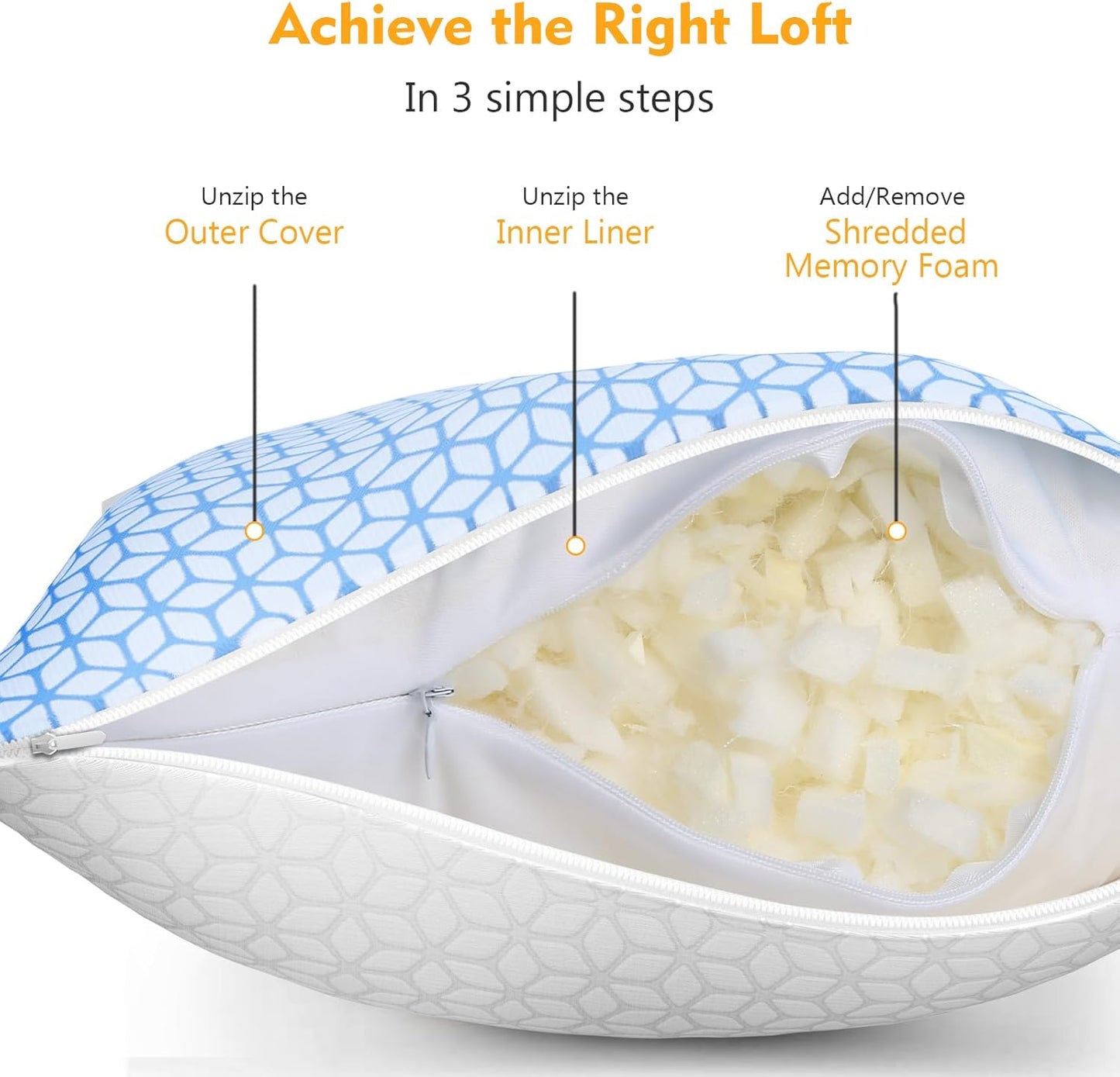 Bed Pillow Queen Size 1 Pack, Shredded Memory Foam Pillow Adjustable，Cooling Pillow Soft and Supportive for Side Back Stomach Sleepers