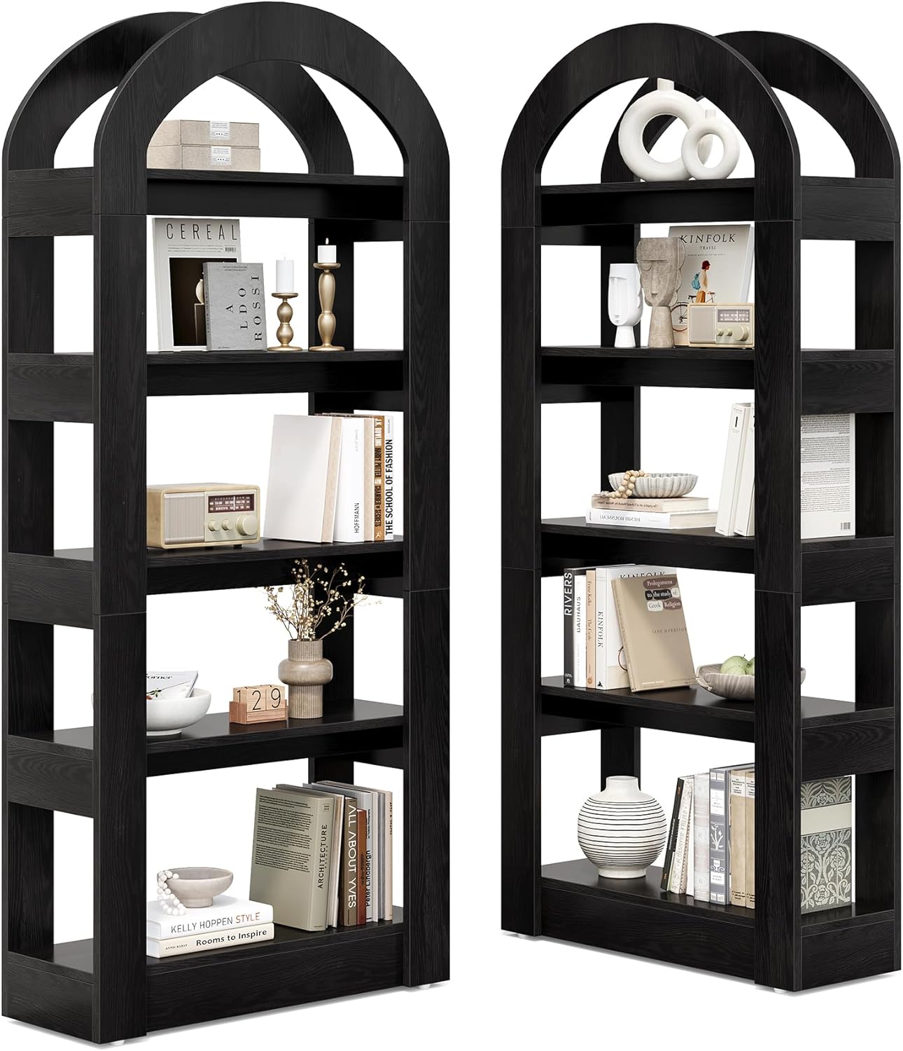 LITTLE TREE 5-Tier Bookshelf, Arch-Shaped Racks, Tall Standing Wooden Bookcase Display Shelf Modern Storage Solution (2, Black)