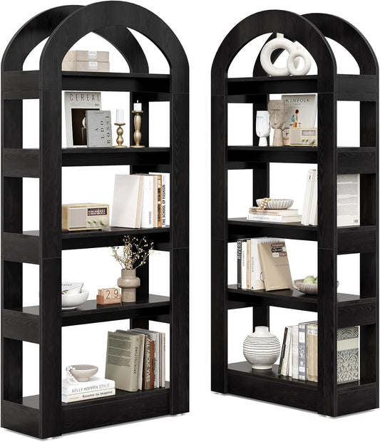 LITTLE TREE 5-Tier Bookshelf, Arch-Shaped Racks, Tall Standing Wooden Bookcase Display Shelf Modern Storage Solution (2, Black)