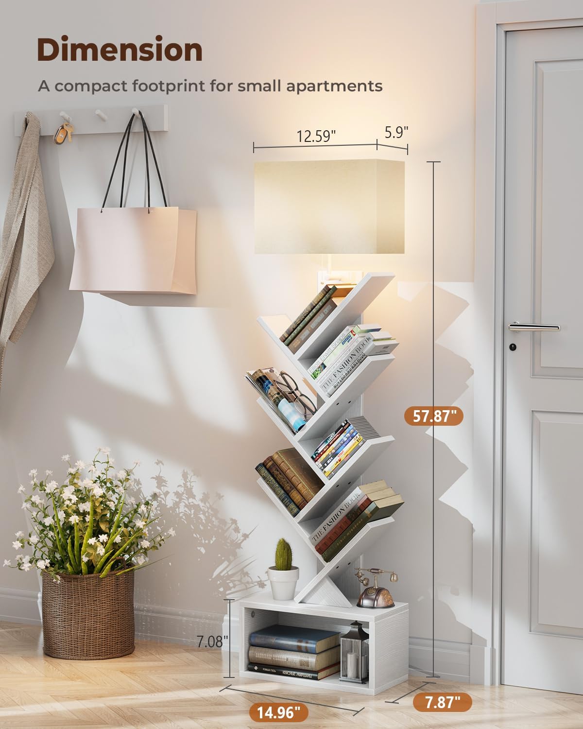 6 Tier Tree Bookshelf with Light, Narrow Bookcase Tower, Tall Floor Standing Book Shelf Organizer with Storage Cabinet for Living Room, Bedroom and Home Office, White