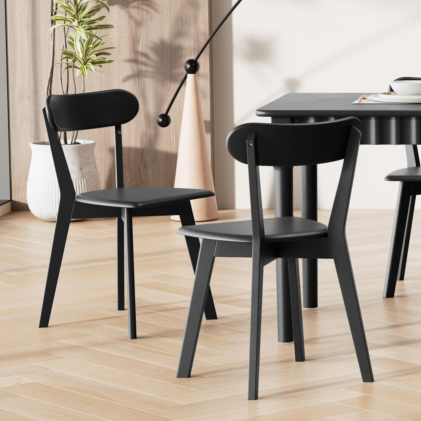 Solid Wood Dining Chairs Set of 2, Mid Century Modern Dining Room Chairs with Curved Backrest, Wooden Armless Kitchen Chairs for Dining Room, Space Saving, Black