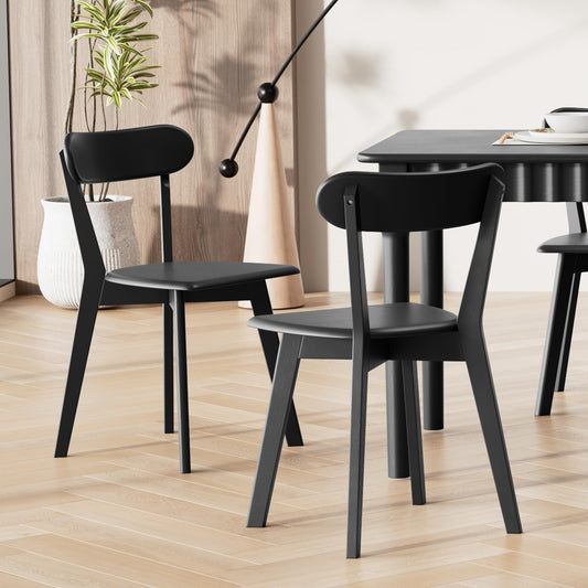 Solid Wood Dining Chairs Set of 2, Mid Century Modern Dining Room Chairs with Curved Backrest, Wooden Armless Kitchen Chairs for Dining Room, Space Saving, Black
