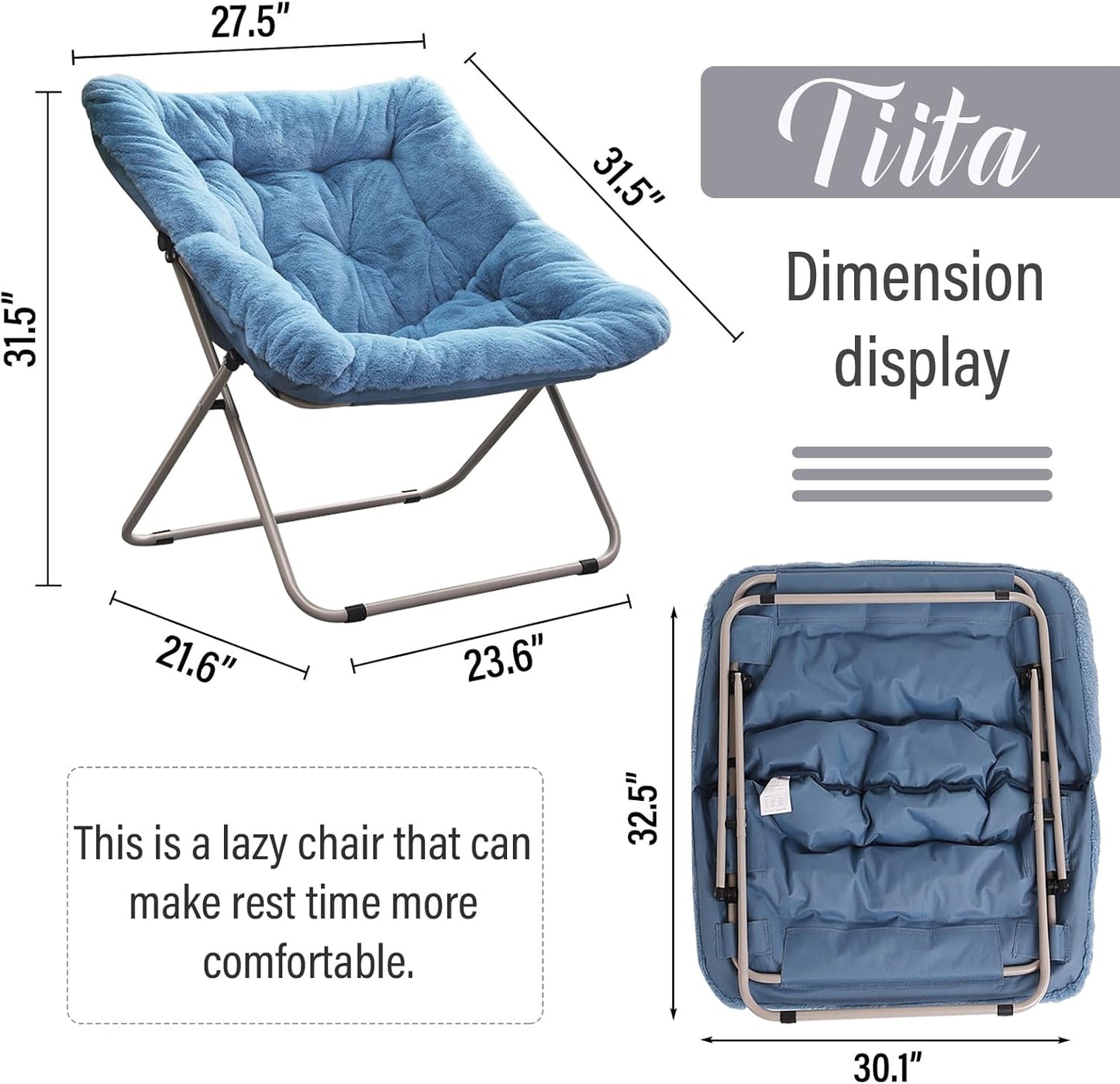 Tiita Comfy Saucer Chair, Soft Faux Fur Oversized Folding Accent Chair, Lounge Lazy Chair for Kids Teens Adults, Metal Frame Moon Chair for Bedroom, Living Room, Dorm Rooms, X-Large, Blue