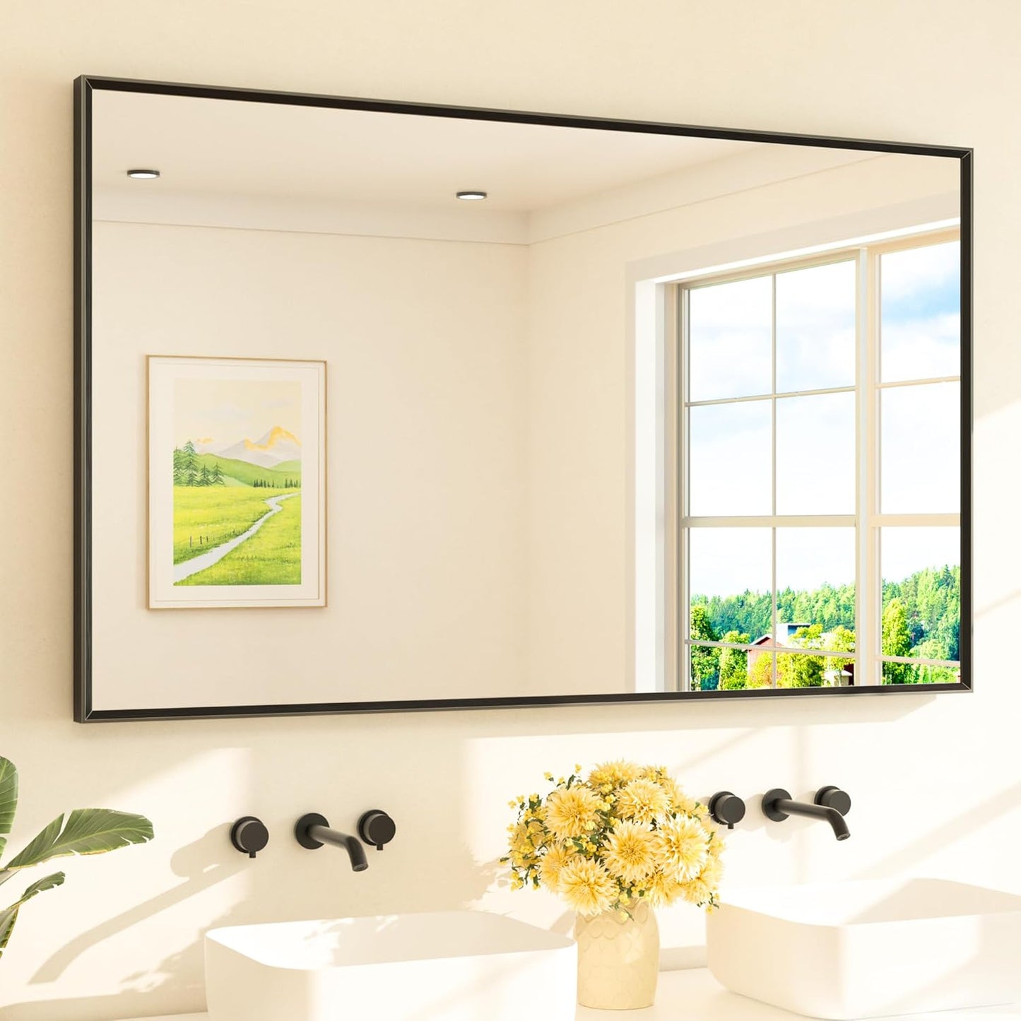 TETOTE Matte Black Beveled Framed Bathroom Mirror 60" x 36" Large Black Rectangle Metal Vanity Wall Mirror for Bathroom Sink, Modern Farmhouse, Tempered Glass, Shatterproof, Stronger Frame