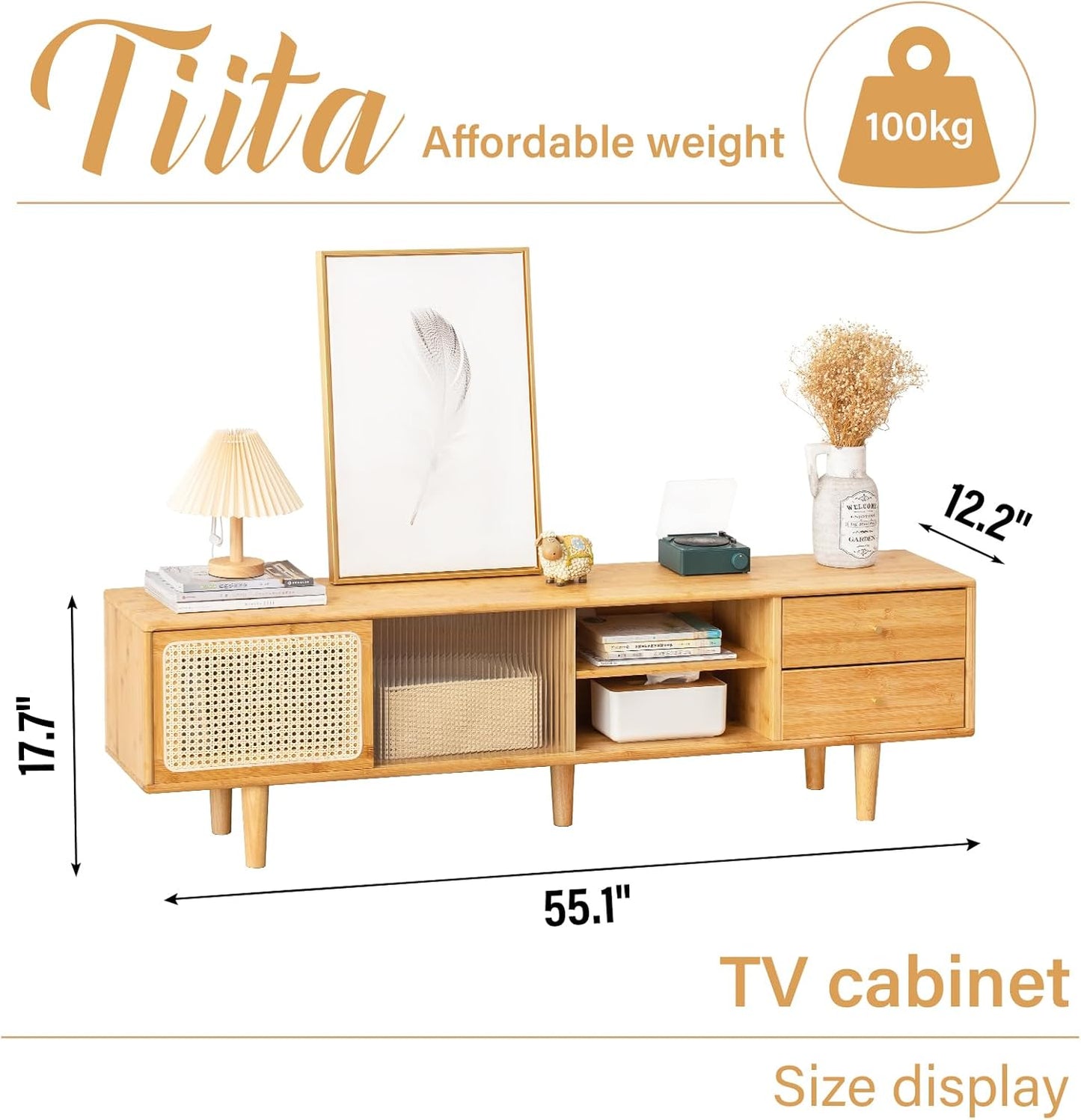 Tiita Rattan TV Stand for 55 65 Inch TV, Bamboo TV Cabinet with 2 Drawers, Boho Entertainment Center with Adjustable Shelf, Mid Century Modern Media Console for Bedroom, Living Room, Wood