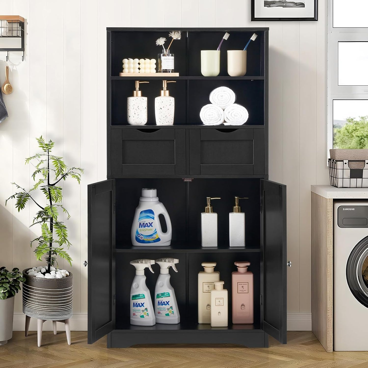 Iwell Tall Storage Cabinet, Black Storage Cabinet with 2 Drawers & Adjustable Shelves, Bathroom Cabinet for Living Room, Dining Room, Entryway, Black