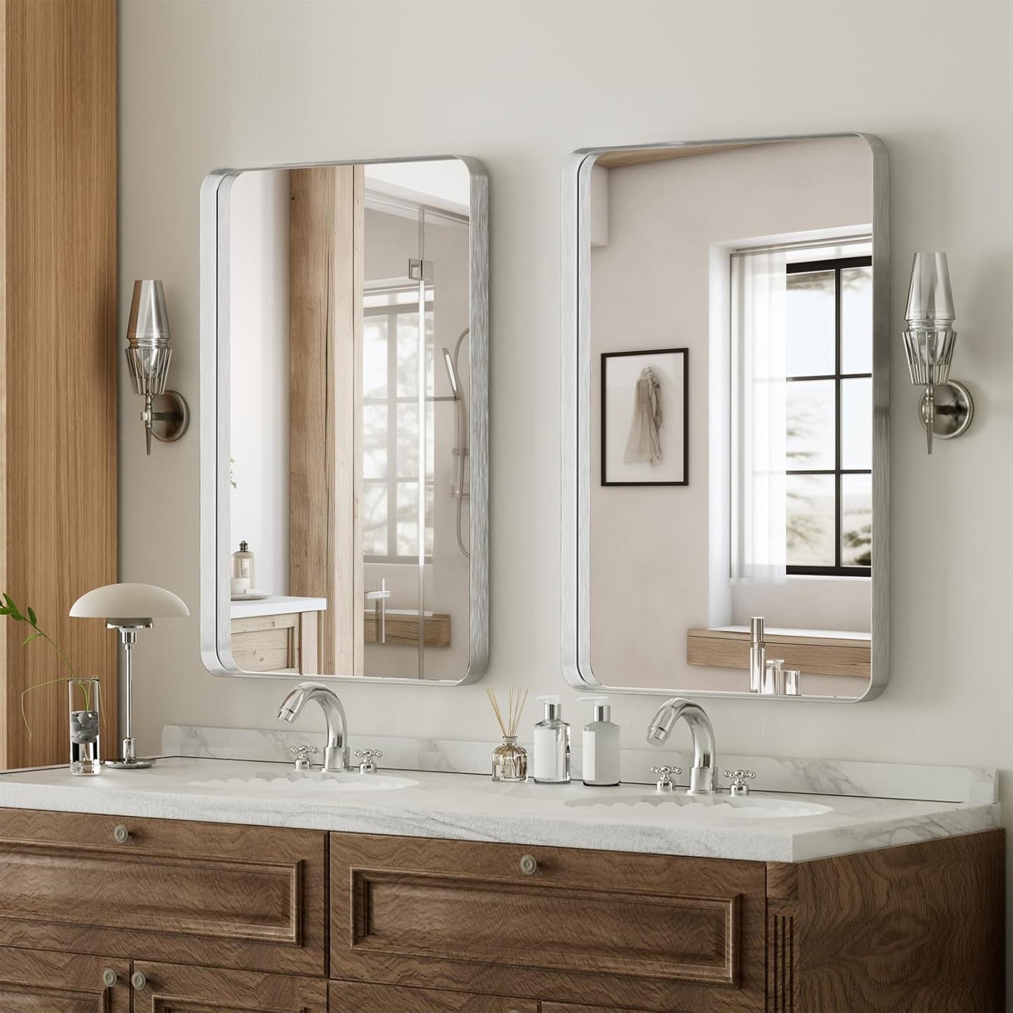 Bathroom Mirror 20x30 inch, Silver Gorgeous Deep Frame Wall Mirror, Modern Round Corner Bathroom Vanity Mirror for Bedroom, Living Room, Hanging or Leaning Horizontal or Vertical, Silver