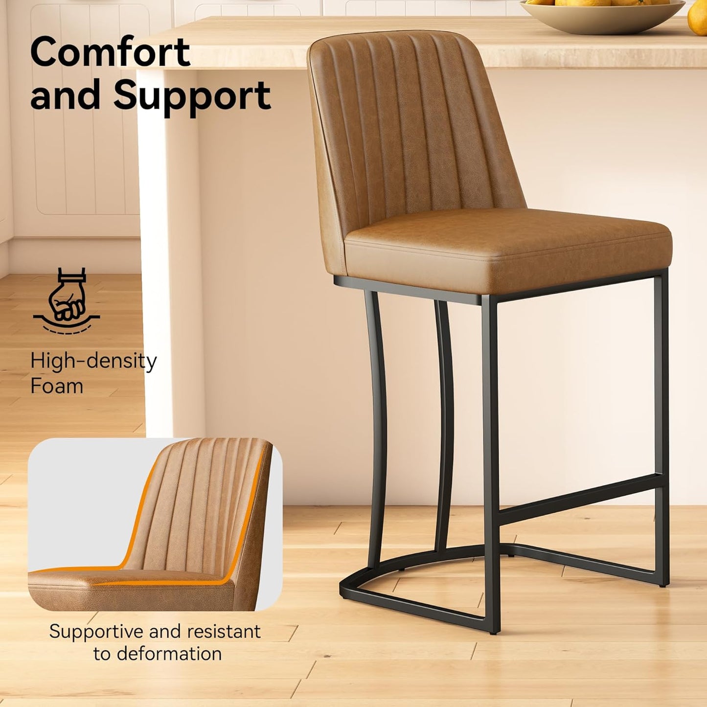 Bar Stools Set of 6, Faux Leather Counter Height Barstools, Upholstered Kitchen Counter Stools with Back and Stitching, 25.6" H Kitchen Island Stools Bar Chair, Metal Framed, Whisky Brown