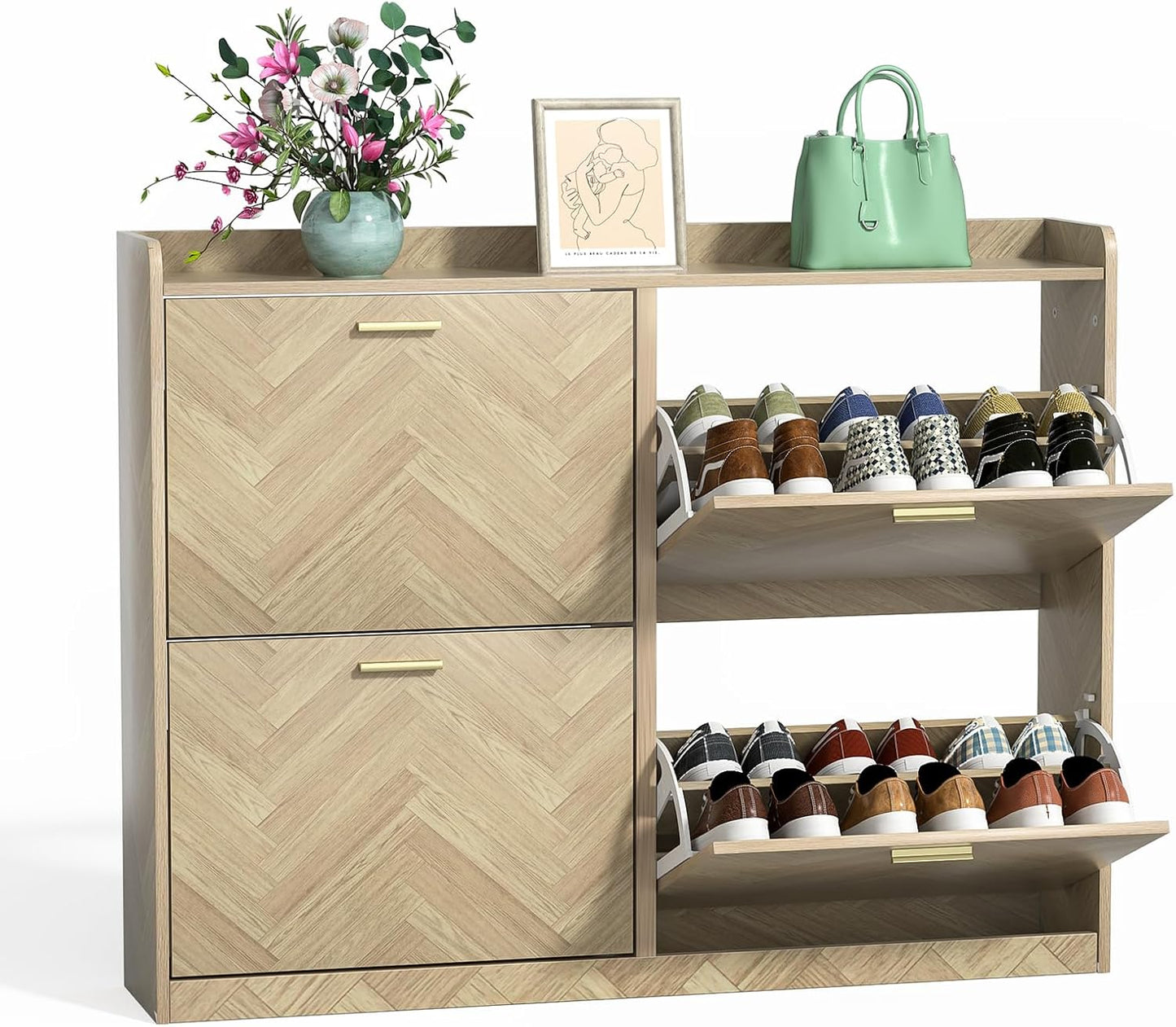 47" Large Shoe Cabinet with 4 Flip Drawers, Freestanding Shoe Storage Cabinet for Entryway, Hidden Shoe Cabinet Organizer with Adjustable Shelf, Narrow Shoe Rack for Entryway, Hallway, Oak