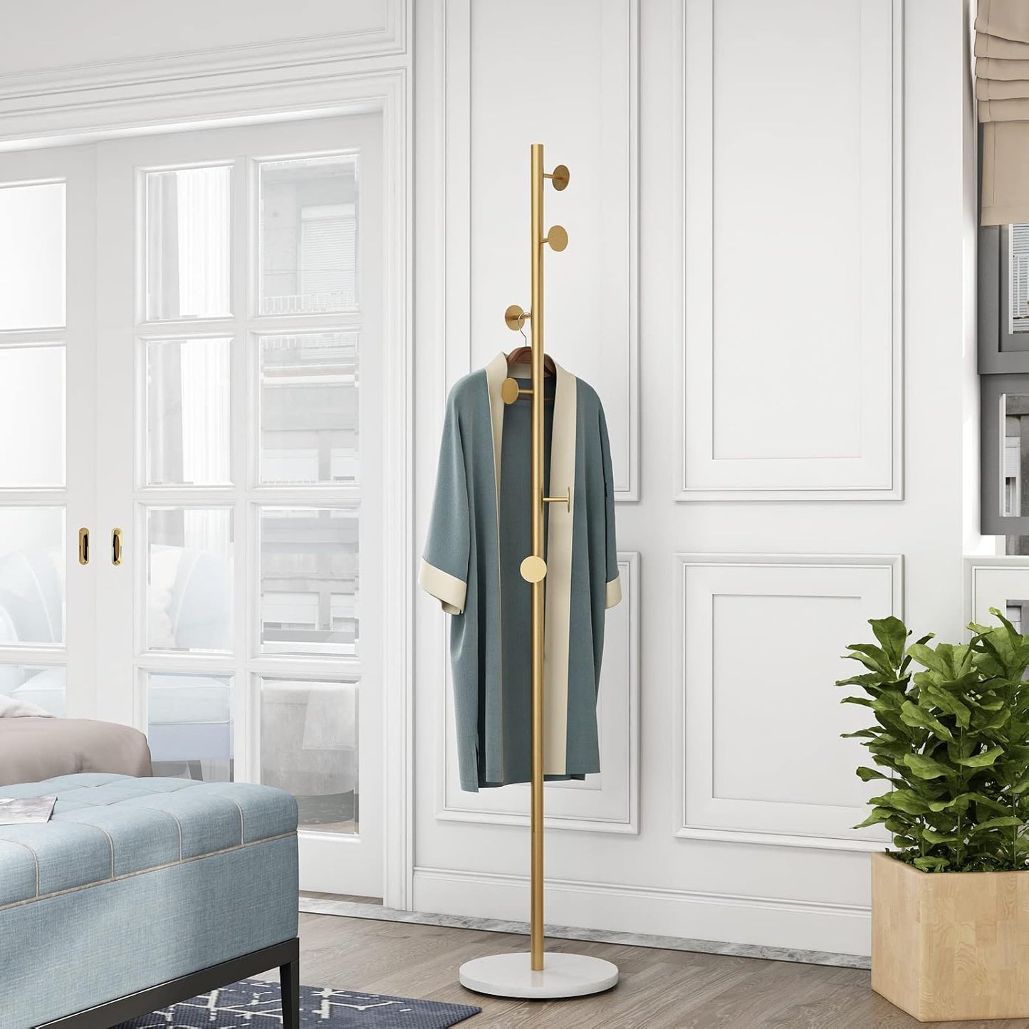 Gold Coat Racks, Metal Coat Rack Freestanding with Hooks, Entryway Coat Rack Stand, Coat Racks with Marble Base, Coat Tree for Hanging Clothes, Hats, Bags