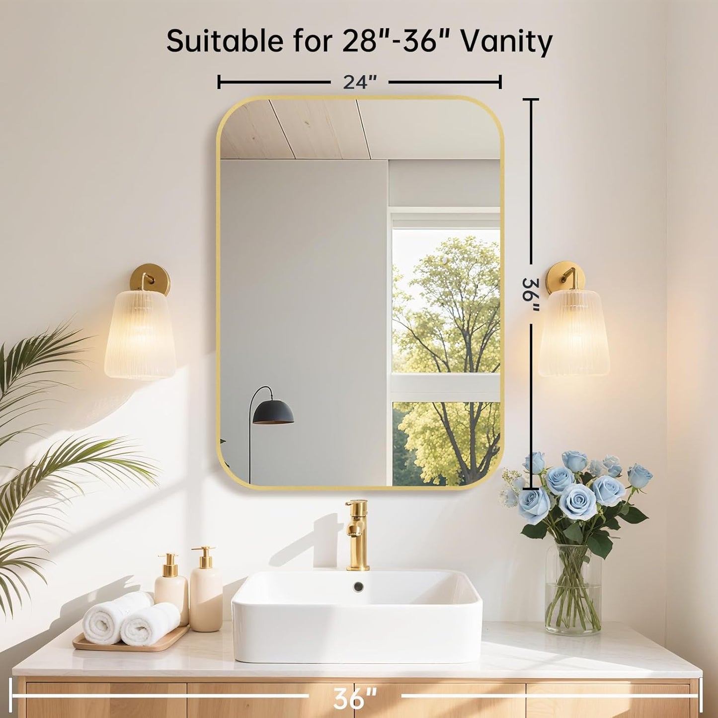 24x36 Inch Gold Bathroom Mirror, Brushed Gold Metal Framed Rectangular Mirror with Rounded Corner, Wall Mounted Vanity Mirror for Bedroom or Living Room, Horizontal/Vertical