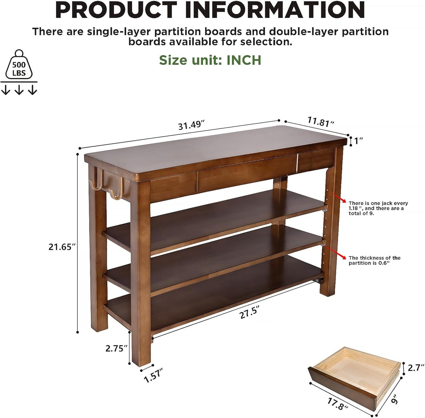 Wood Shoe Bench Entryway with Drawer: 3-Tiers Wooden Storage Shoe Rack with Bench Seat, Compact Mid-Century Modern Design for Entryway,Hallway,Closet,Front Door Entrance,Foyer Walnut 31.5"