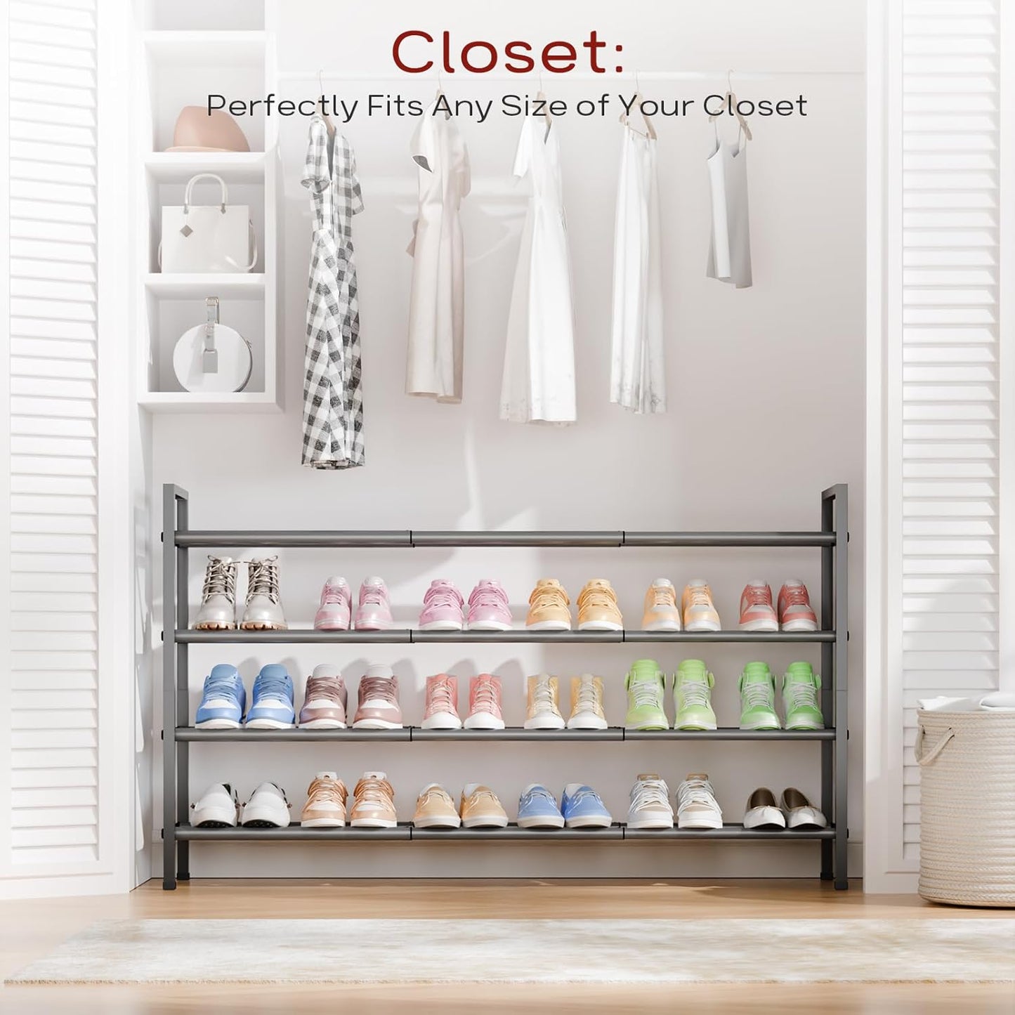 Bumusty 4-Tier Long Expandable Shoe Rack for Closet, 18"-44" Adjustable Shoe Rack for Small Space, Small Shoe Organizer for Front Door, Sturdy Metal, Grey