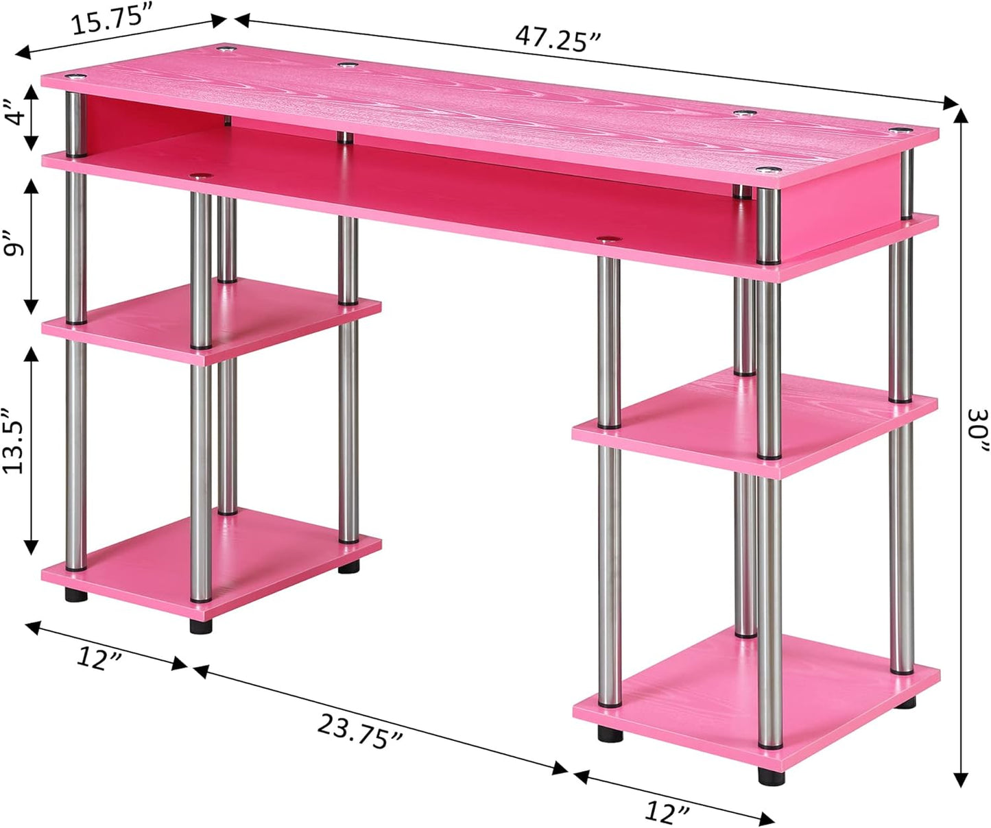 Convenience Concepts Designs2Go No Tools Student Desk 47.25" - Contemporary Office, Dorm Room Desk and Vanity with Storage Shelves, Pink