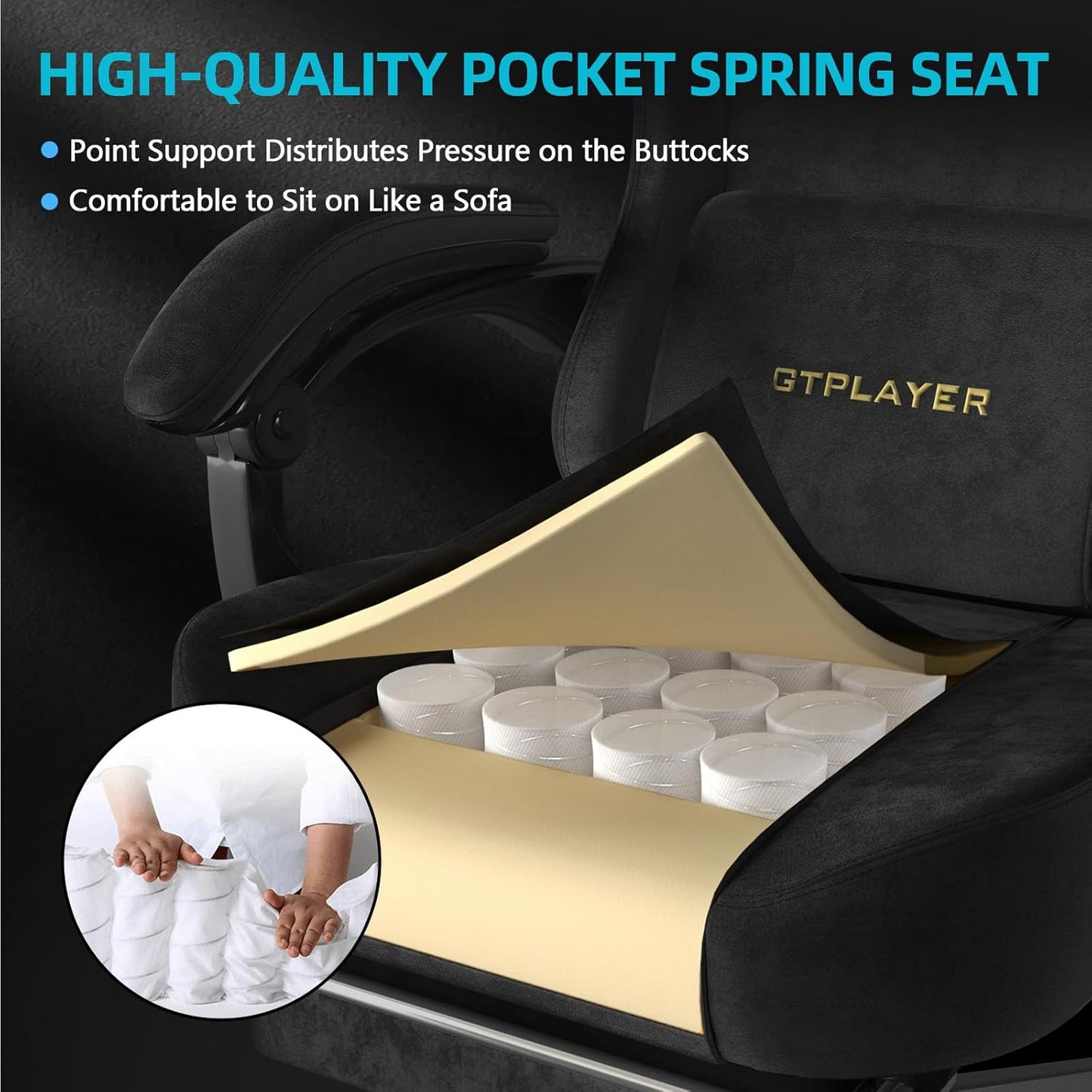 GTPLAYER Gaming Chair Fabric with Pocket Spring Cushion, Big and Tall Gamings Chairs 350LBS High Back Computer Chair with Footrest for Adults Lumbar Support Swivel Game Chair for Office Light Black