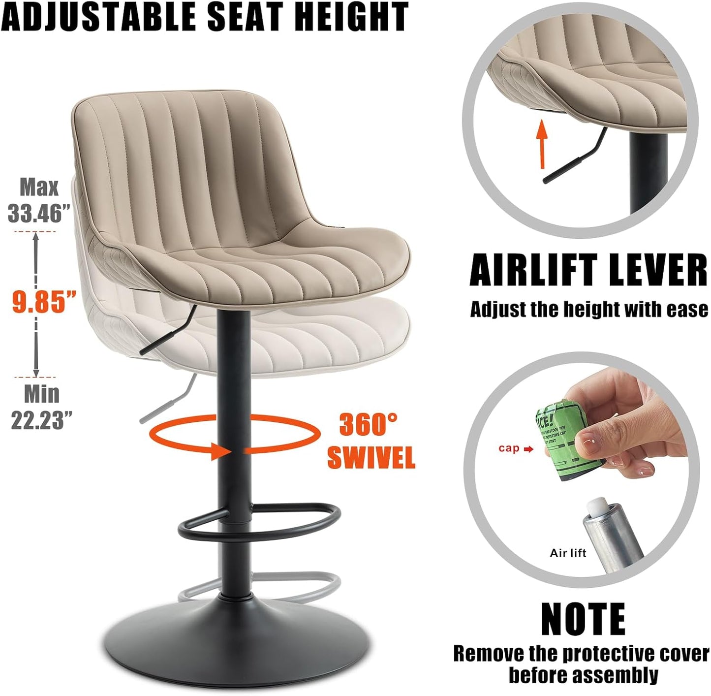 YOUNIKE Khaki White Bar Stools Set of 2 Kitchen Counter Height Barstools Upholstered Swivel Modern Faux Leather Bar Chairs with Backs Adjustable High Breakfast Island Stool with Metal Leg