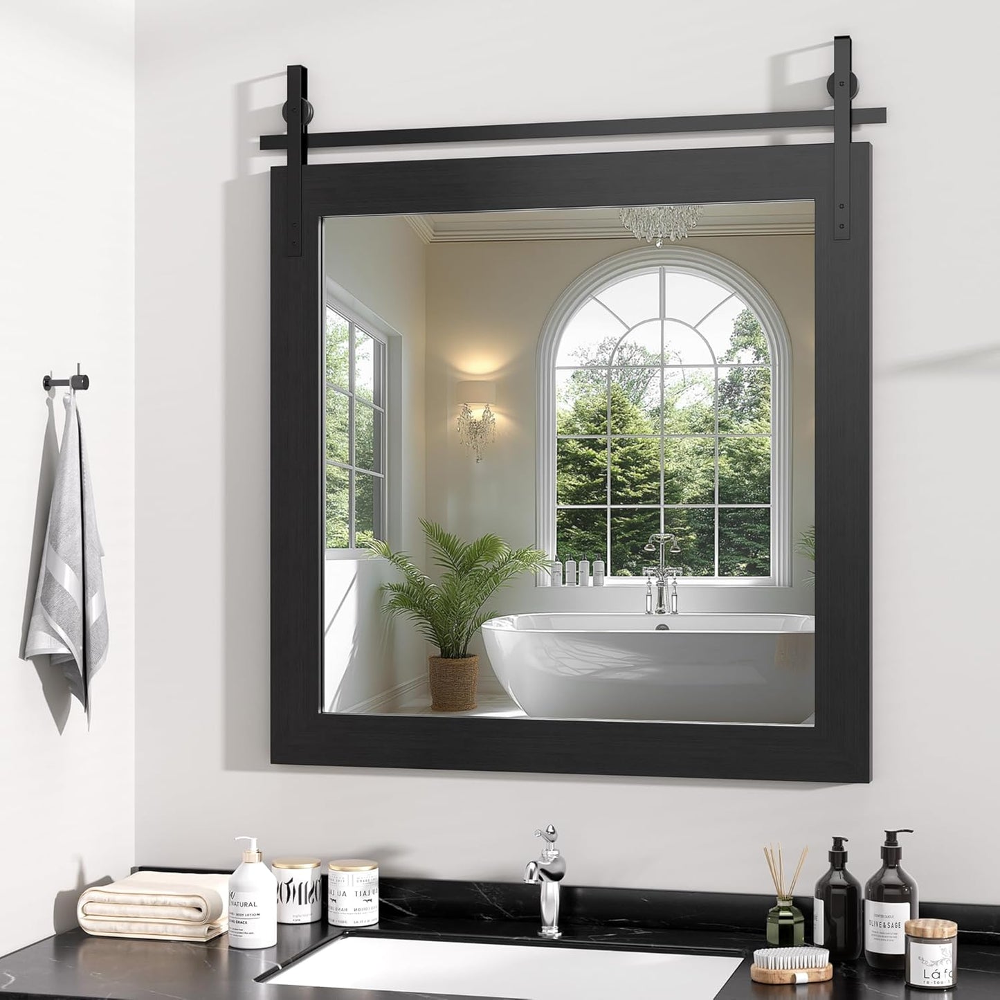 Hasipu Farmhouse Bathroom Mirror, 31"x31" Rustic Wood Framed Wall Mounted Mirror, Black Vintage Vanity Mirror Barn Door Style Decrative Mirrors